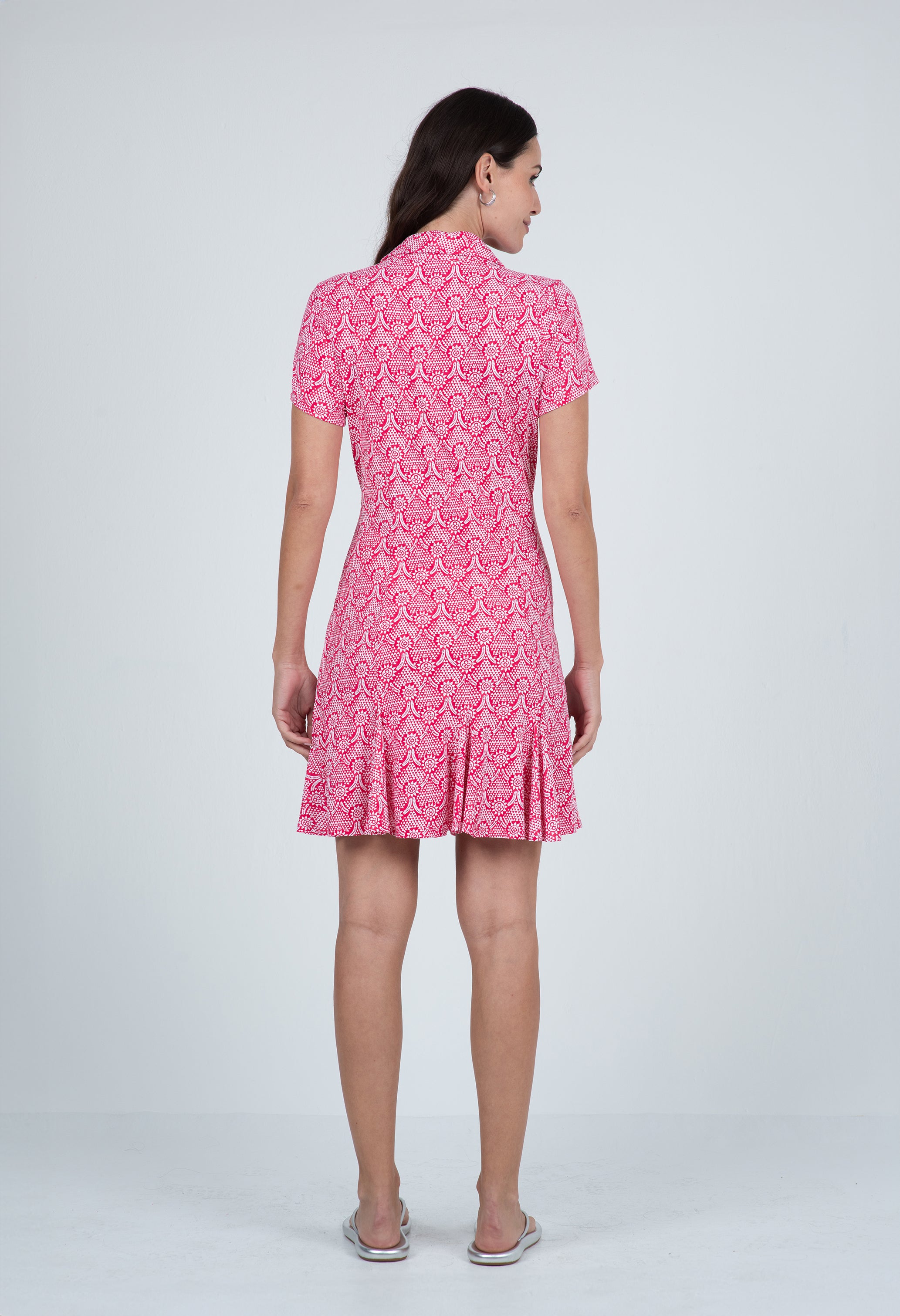 IBKÜL - Leslie Print Short Sleeve Godet Dress – 69868 - Color: Watermelon/White