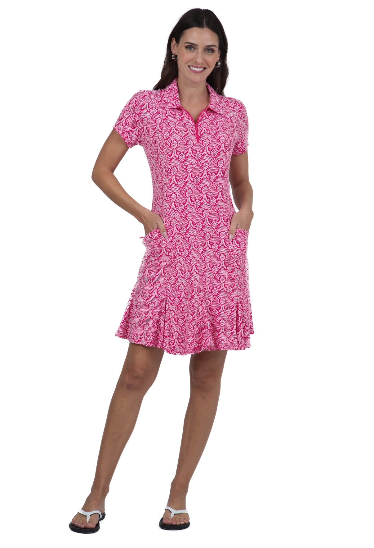 IBKÜL - Leslie Print Short Sleeve Godet Dress – 69868 - Color: Watermelon/White