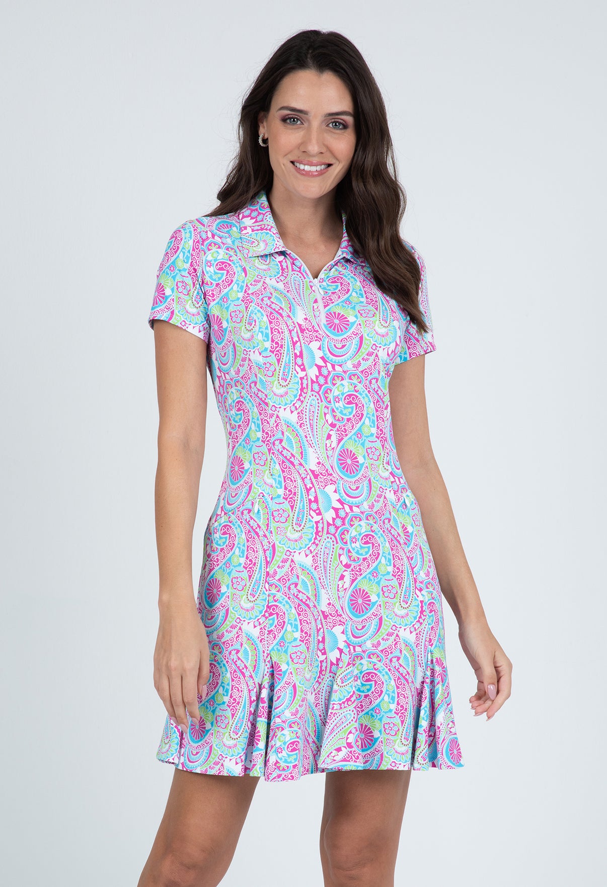 IBKÜL - Gloria Print Short Sleeve Godet Dress – 69869 - Color: Hot Pink/Turquoise