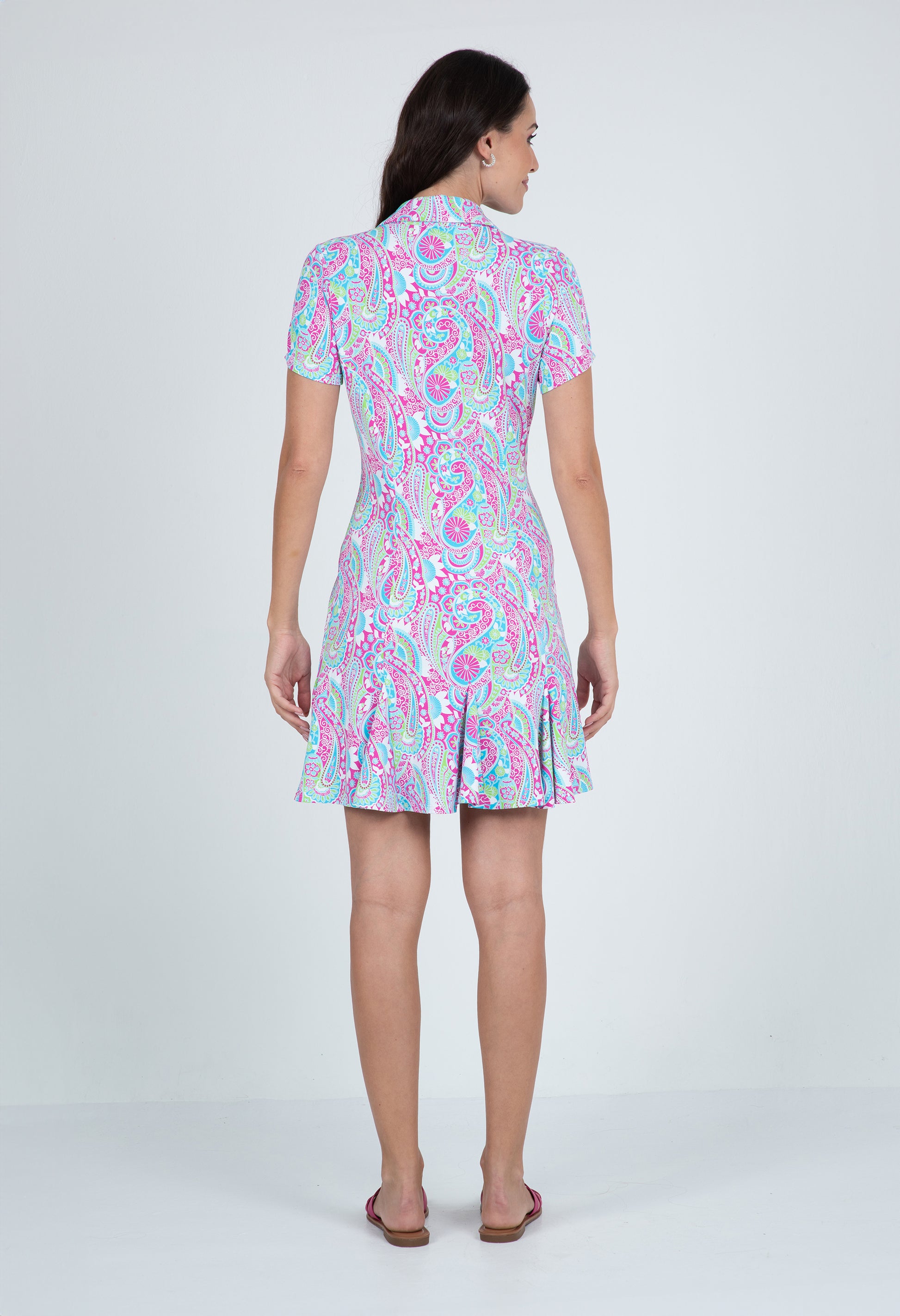 IBKÜL - Gloria Print Short Sleeve Godet Dress – 69869 - Color: Hot Pink/Turquoise
