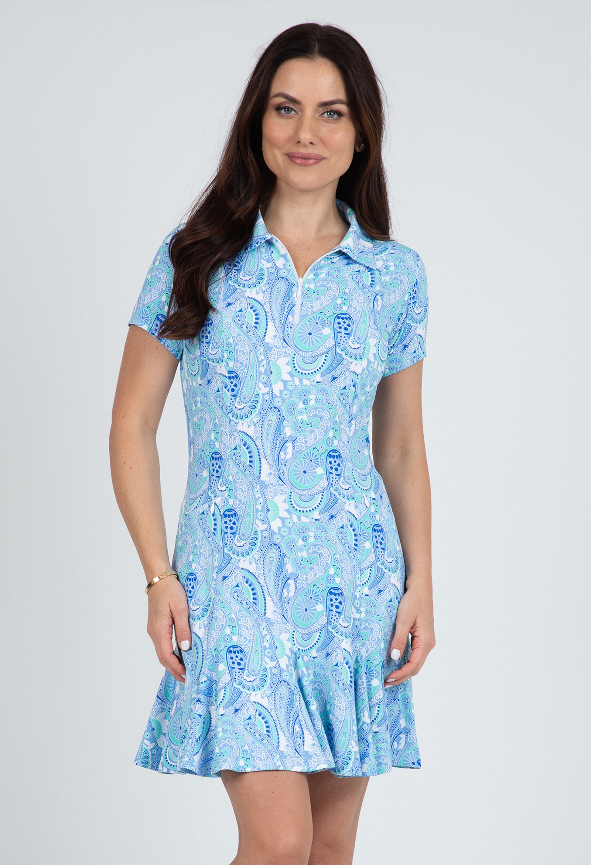 IBKÜL - Gloria Print Short Sleeve Godet Dress – 69869 - Color: Peri/Jade