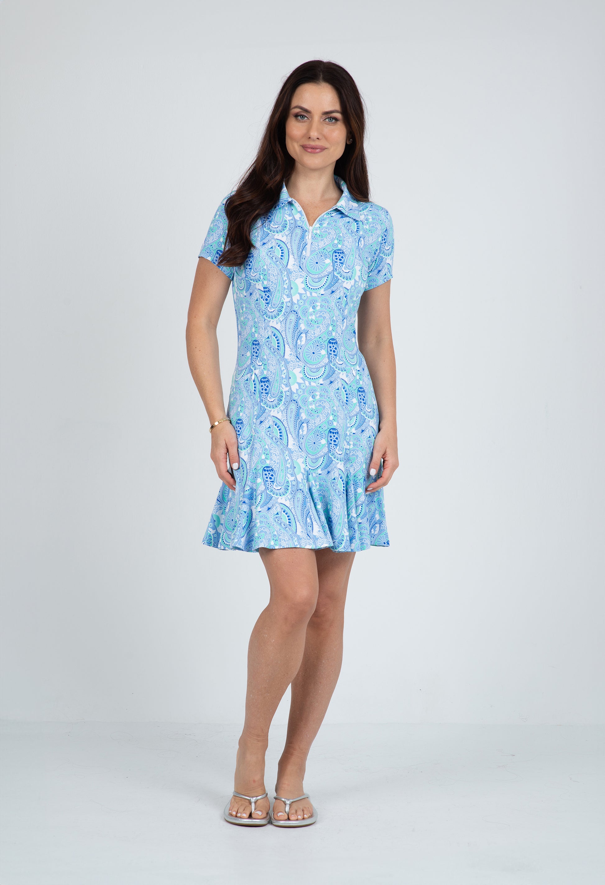 IBKÜL - Gloria Print Short Sleeve Godet Dress – 69869 - Color: Peri/Jade