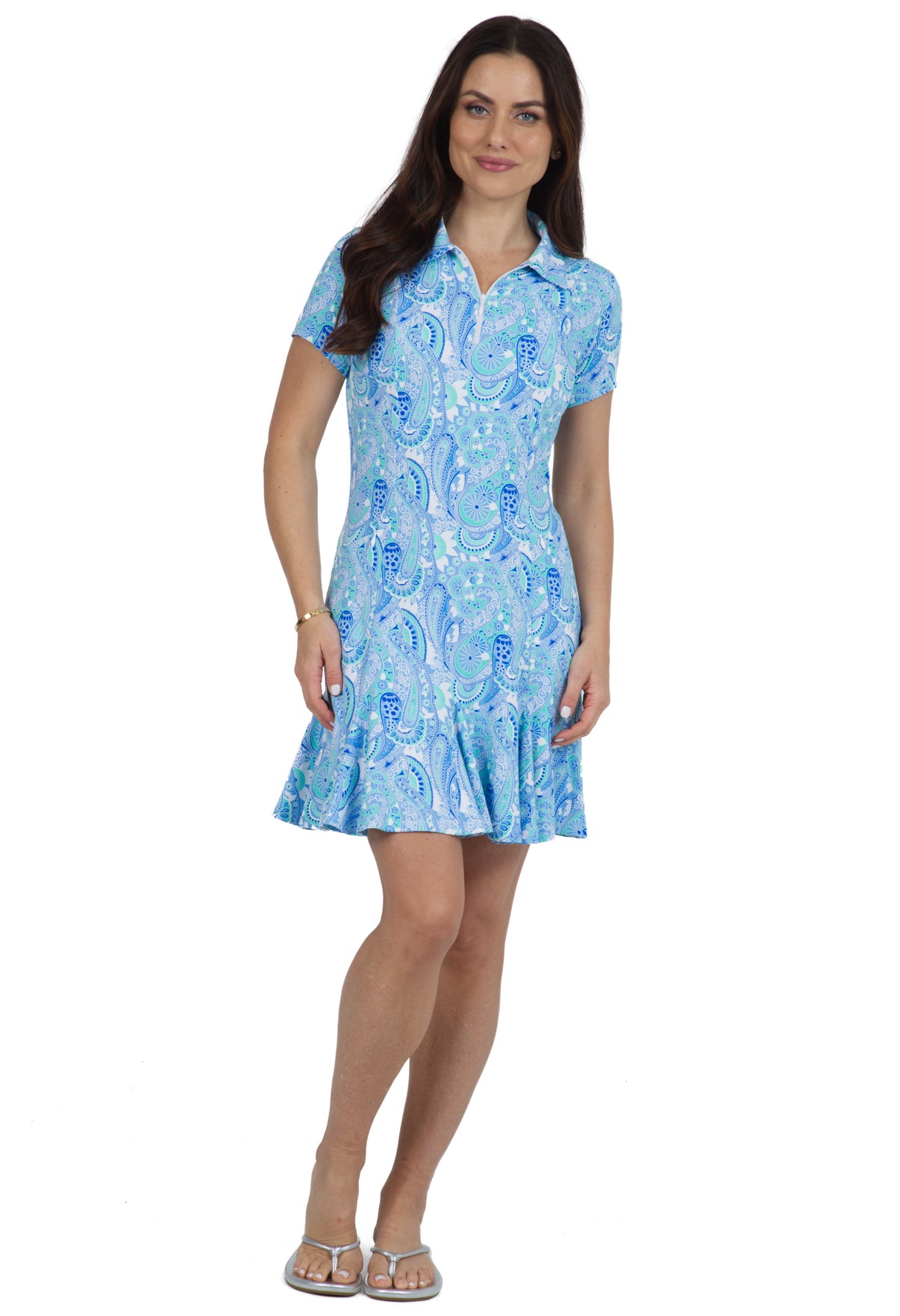 IBKÜL - Gloria Print Short Sleeve Godet Dress – 69869 - Color: Peri/Jade