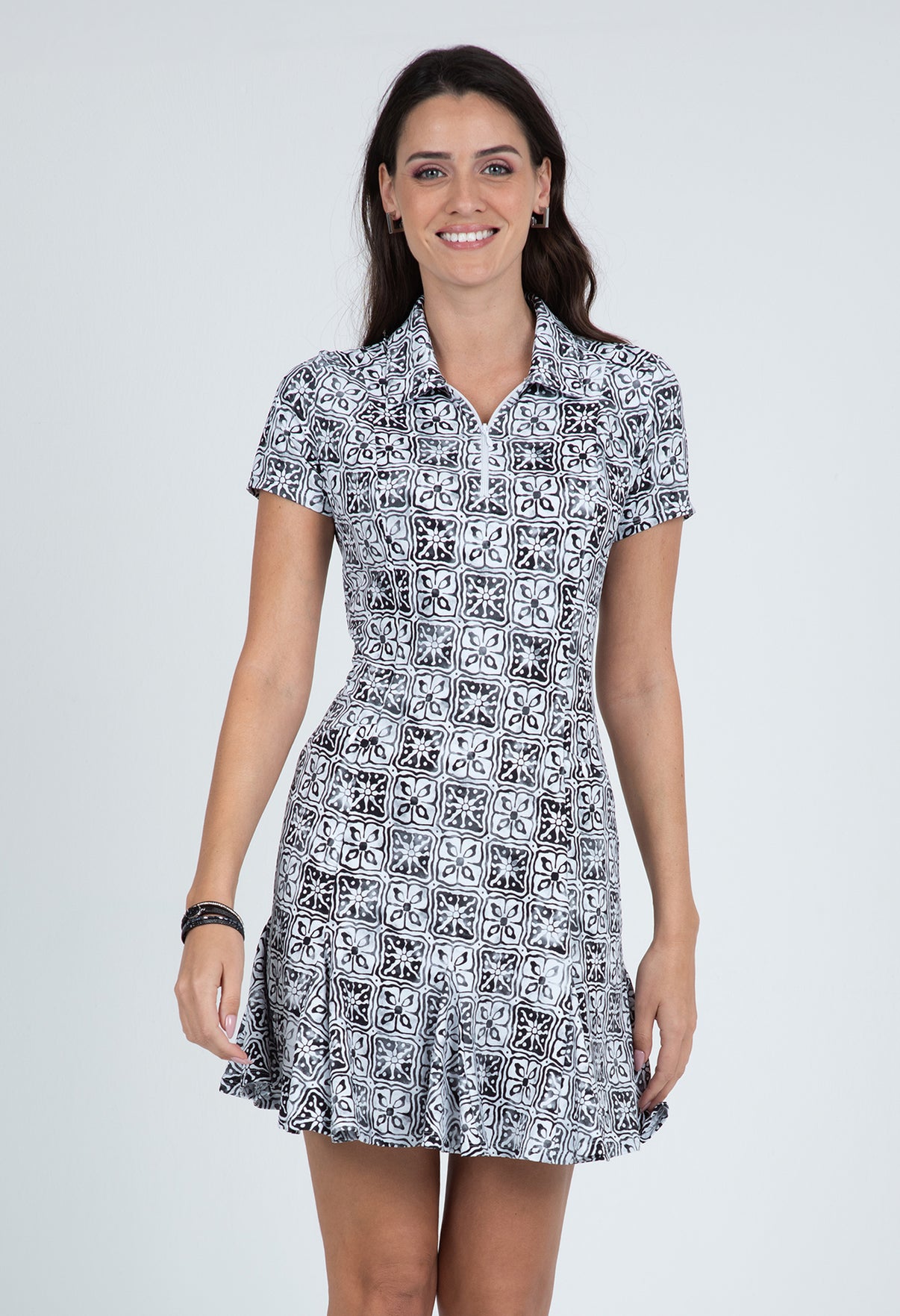 IBKÜL - Kathy Print Short Sleeve Godet Dress – 69871 - Color: Black/Grey