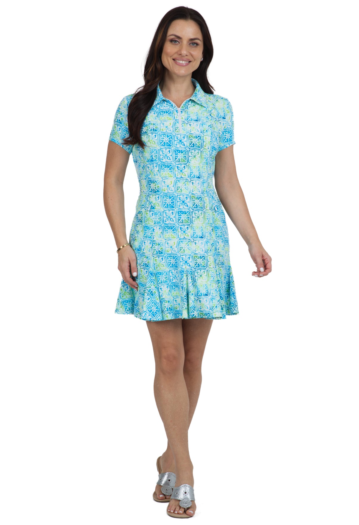 IBKÜL - Kathy Print Short Sleeve Godet Dress – 69871 - Color: Turquoise/Lime