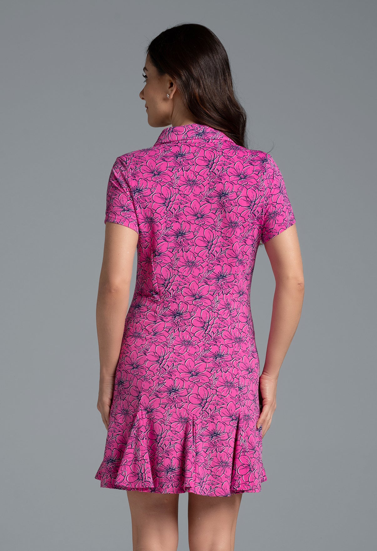 IBKÜL - Diana Print Short Sleeve Godet Dress – 69930 - Color: Hot Pink/Navy