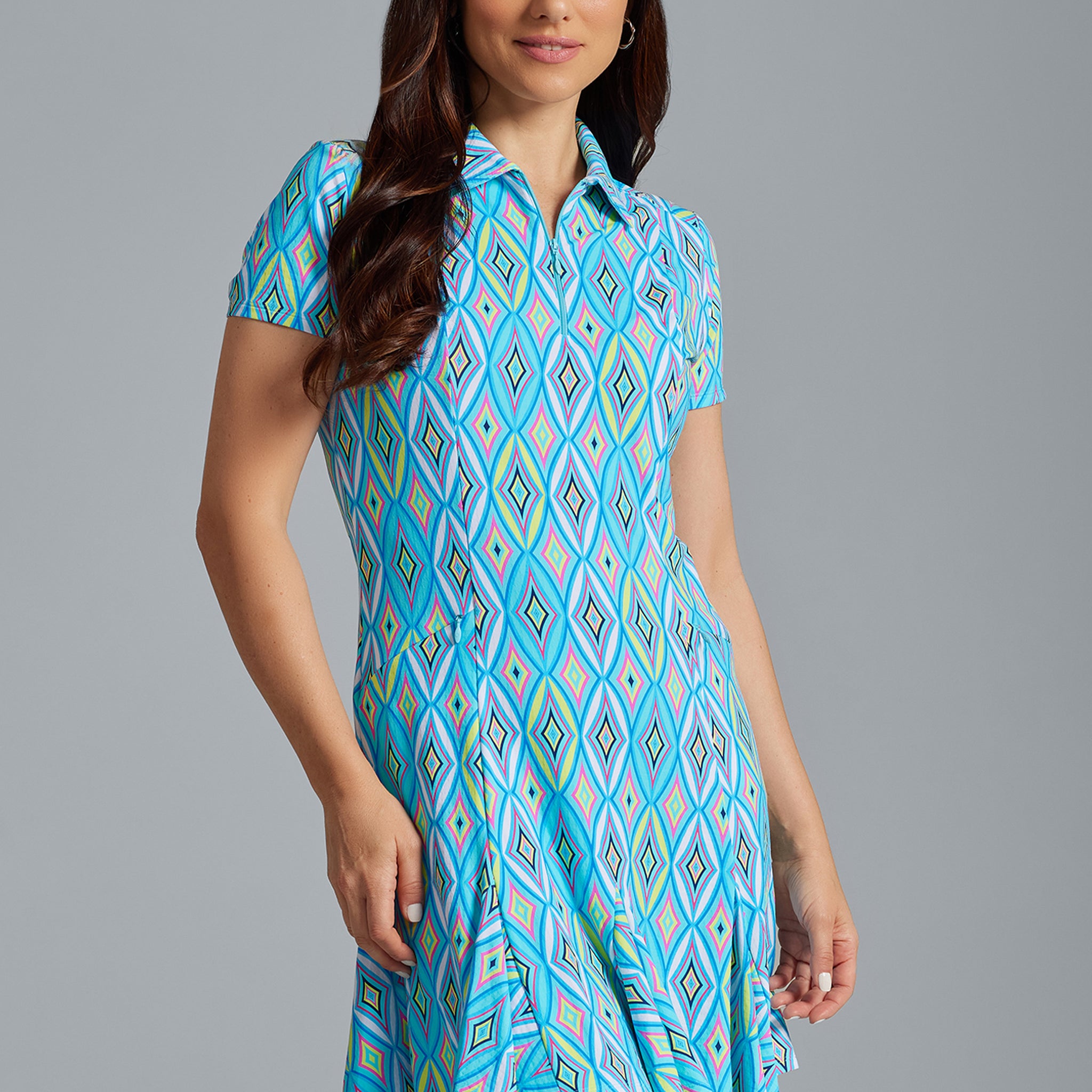 IBKÜL - Romina Print Short Sleeve Godet Dress – 69931 - Color: Seafoam Multi