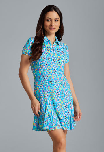 IBKÜL - Romina Print Short Sleeve Godet Dress – 69931 - Color: Seafoam Multi
