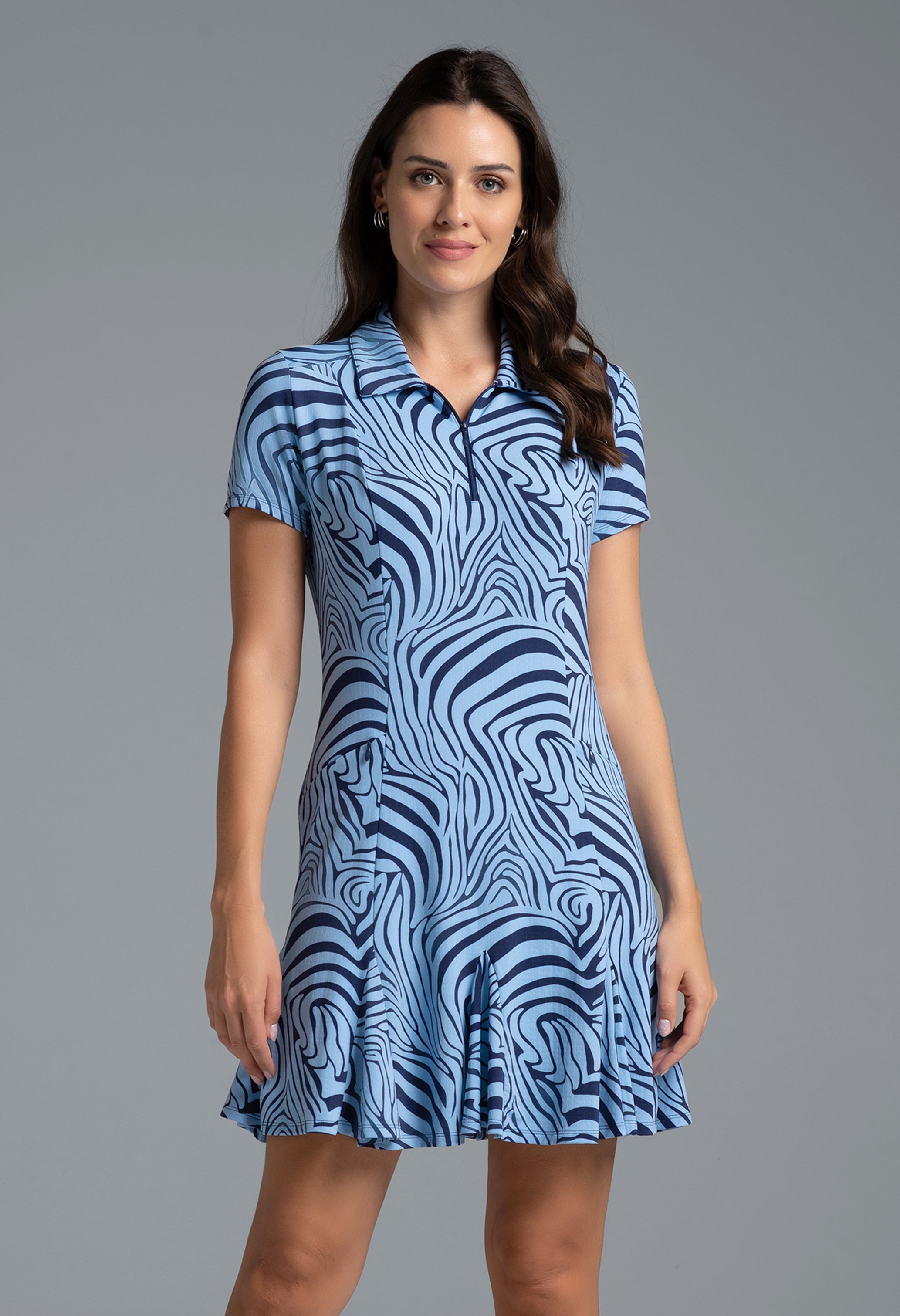 IBKÜL - Cecilia Print Short Sleeve Godet Dress – 69932 - Color: Navy/Peri