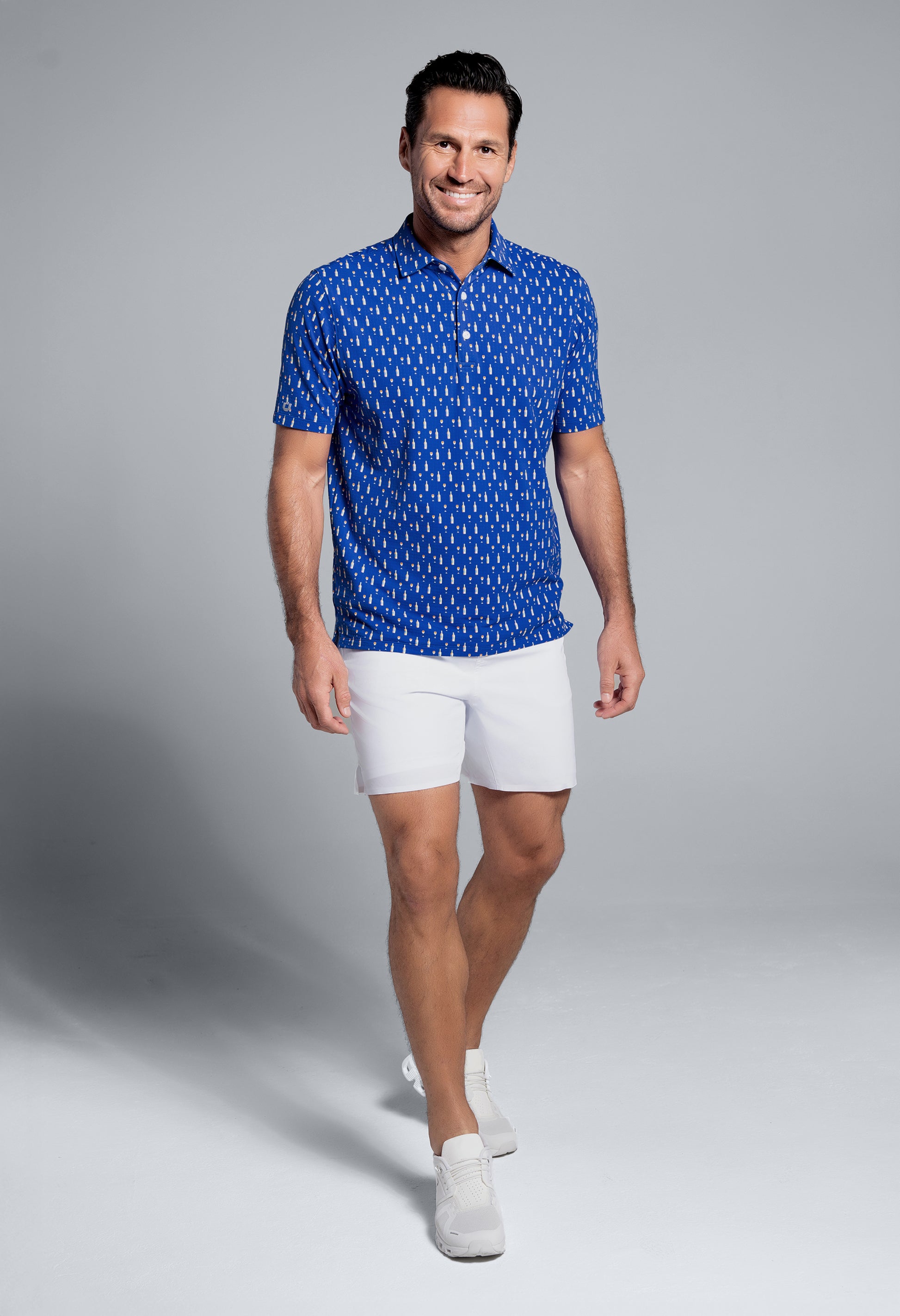 IBKÜL - Art Deco Wine Print Short Sleeve Polo (Modern Fit) - Color: Butter/Royal
