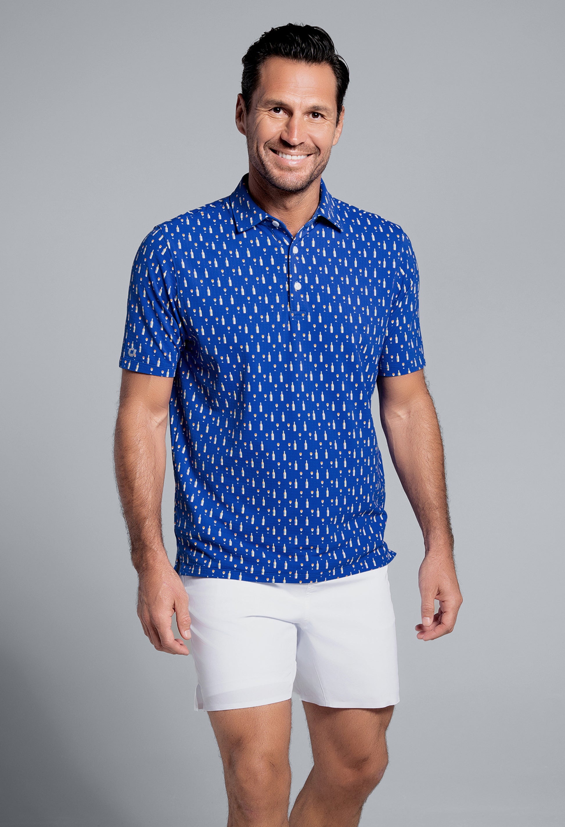 IBKÜL - Art Deco Wine Print Short Sleeve Polo (Modern Fit) - Color: Butter/Royal