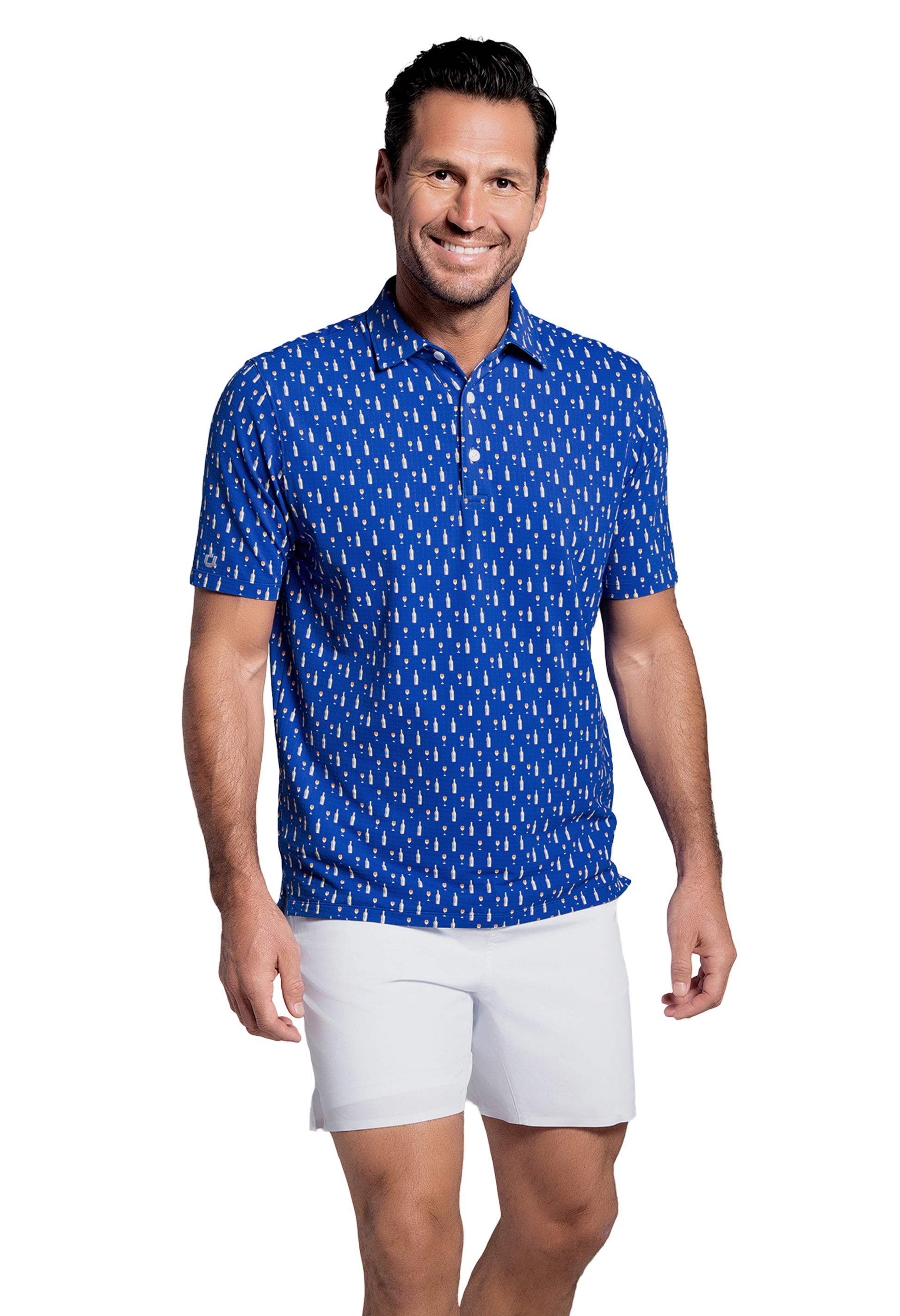 IBKÜL - Art Deco Wine Print Short Sleeve Polo (Modern Fit) - Color: Butter/Royal