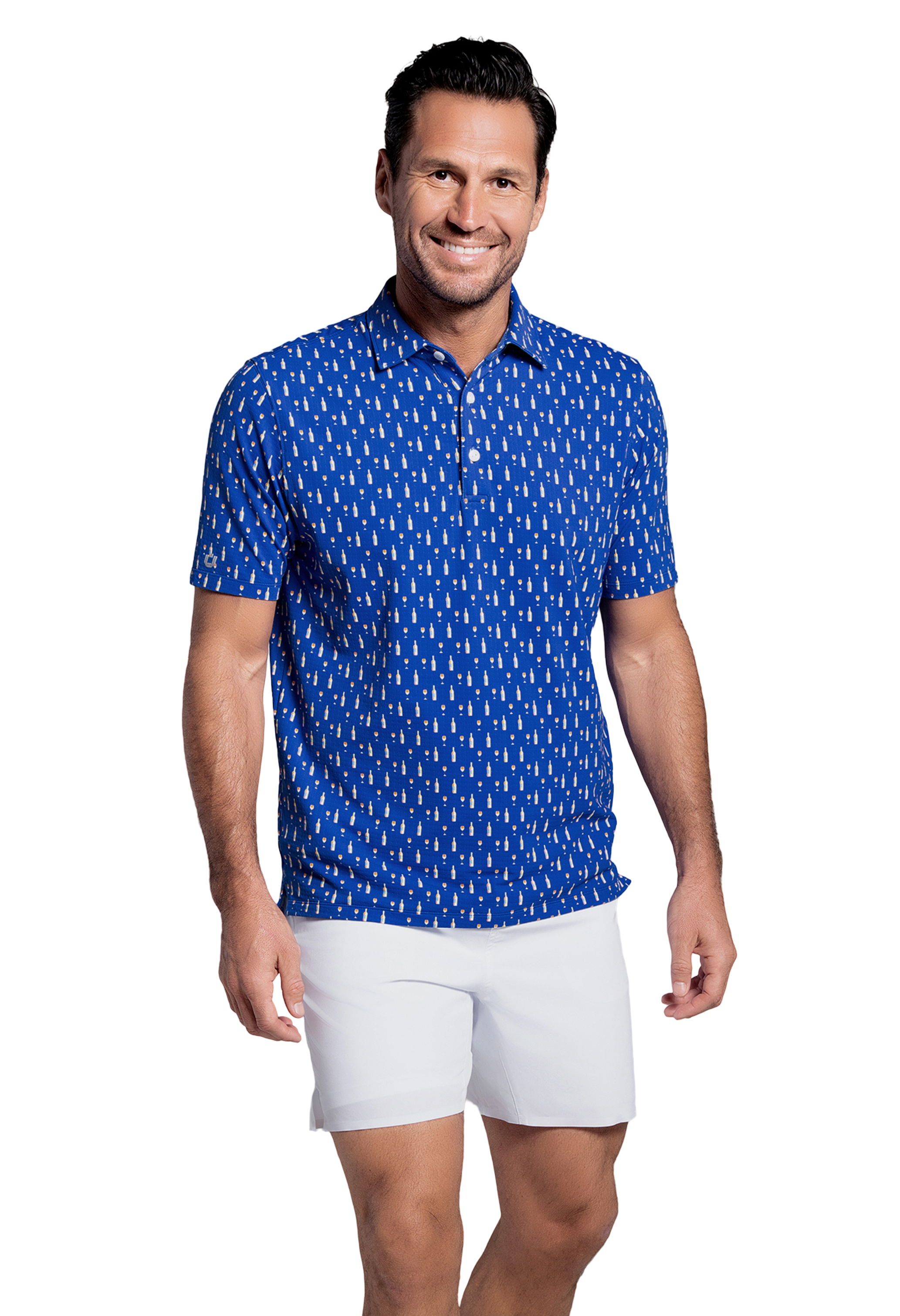 IBKÜL - Art Deco Wine Print Short Sleeve Polo (Modern Fit) - Color: Butter/Royal