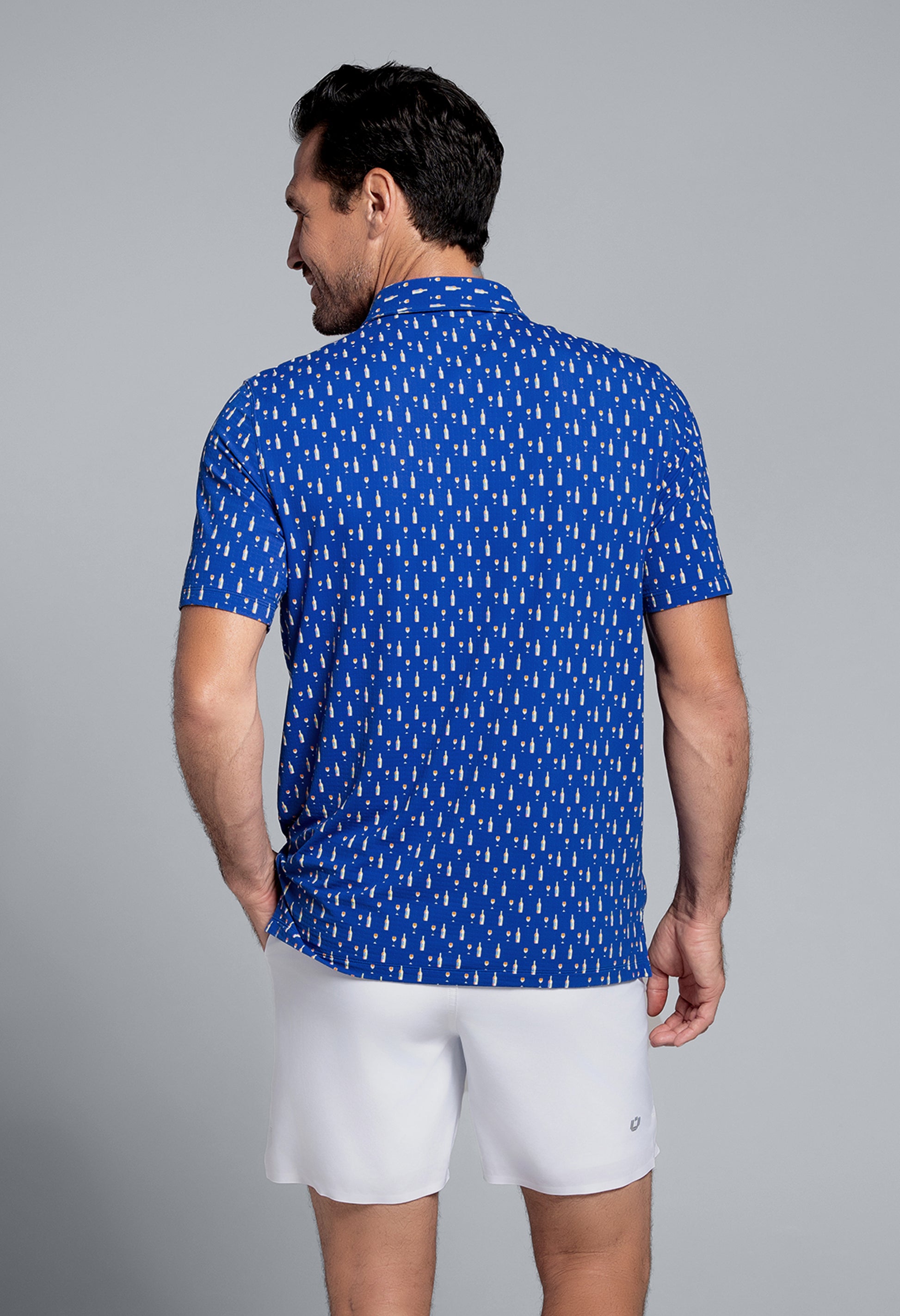 IBKÜL - Art Deco Wine Print Short Sleeve Polo (Modern Fit) - Color: Butter/Royal