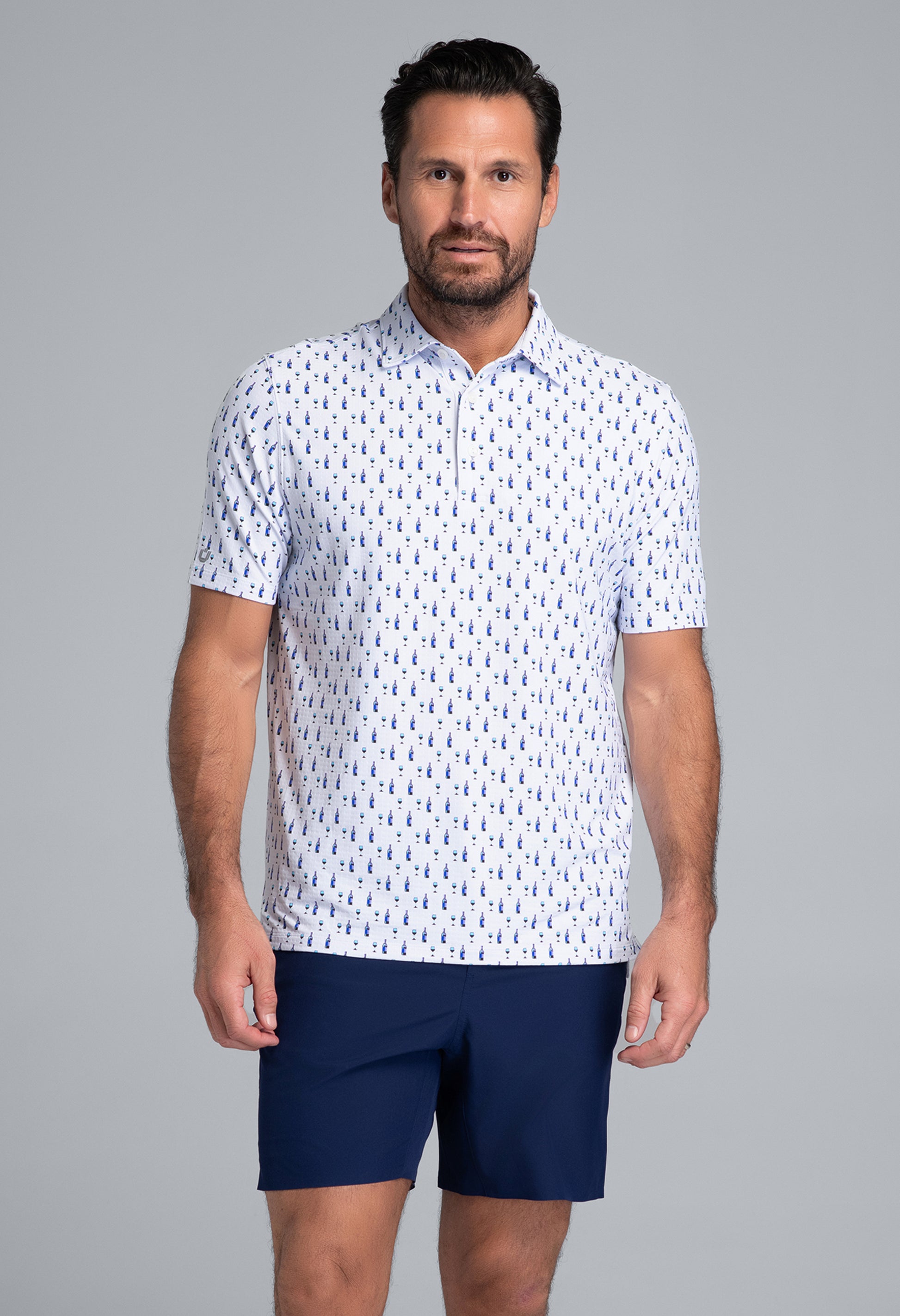 IBKÜL - Art Deco Wine Print Short Sleeve Polo (Modern Fit) - Color: Lavender/Black