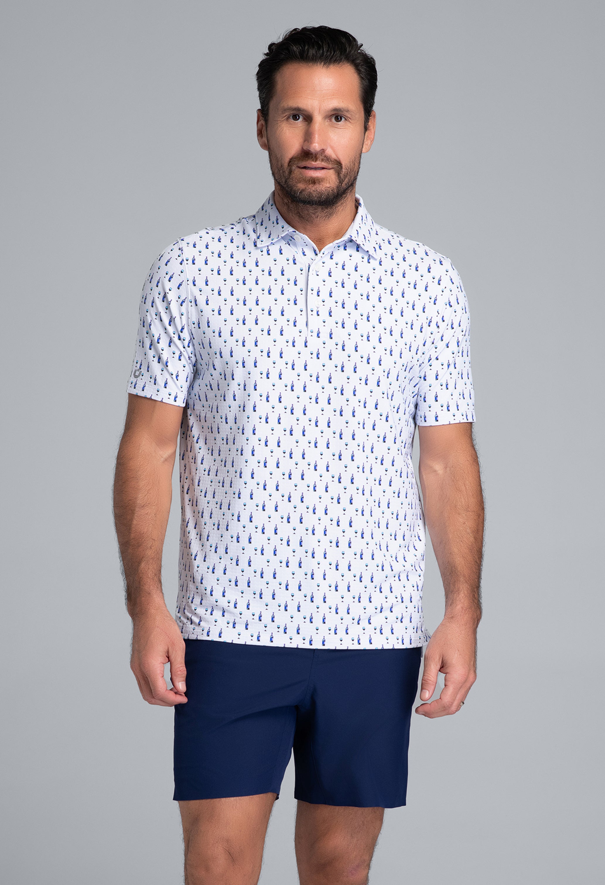 IBKÜL - Art Deco Wine Print Short Sleeve Polo (Modern Fit) - Color: Lavender/Black