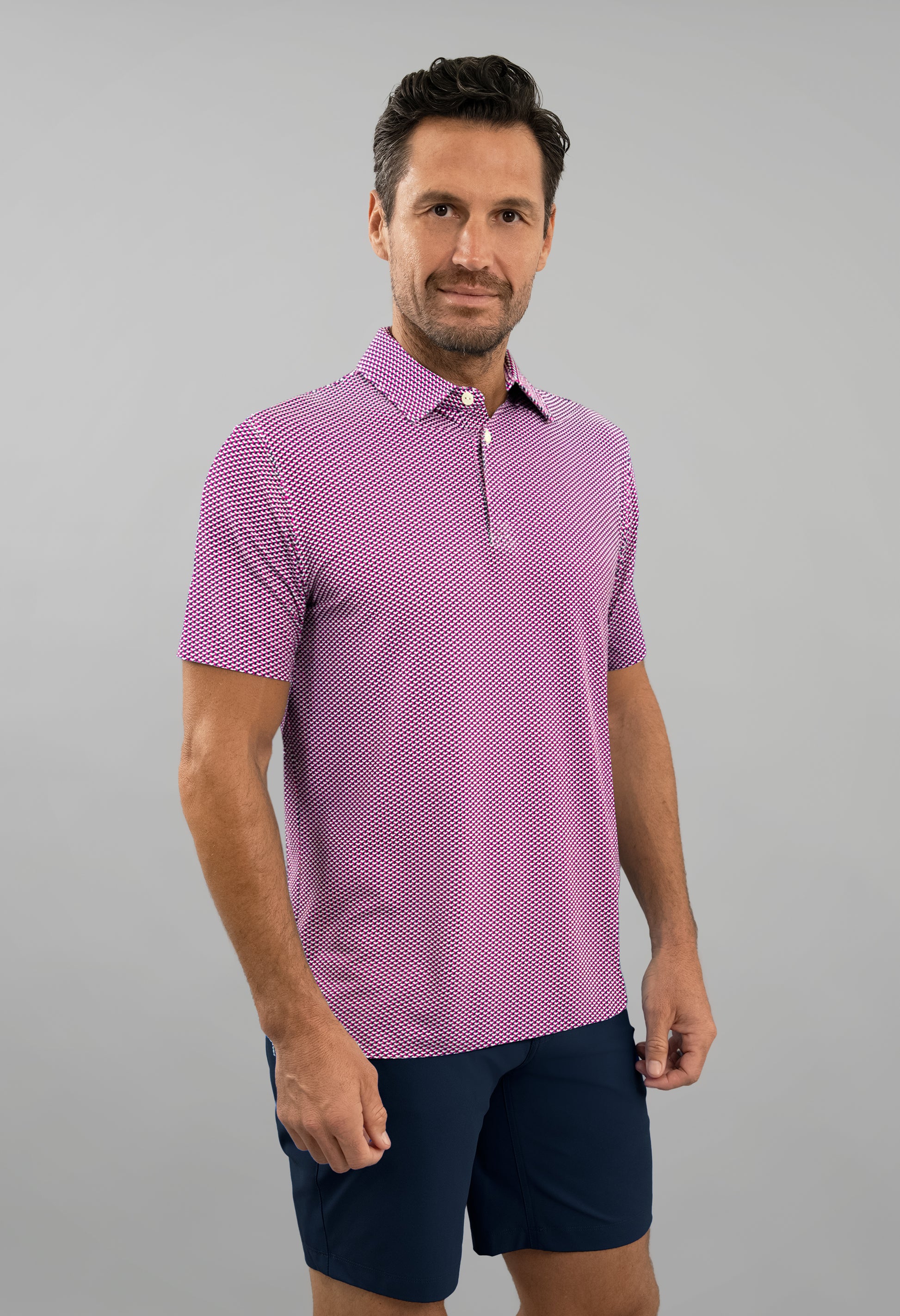 IBKÜL - Cube Art Short Sleeve Polo - Color: White/Rose/C.Navy