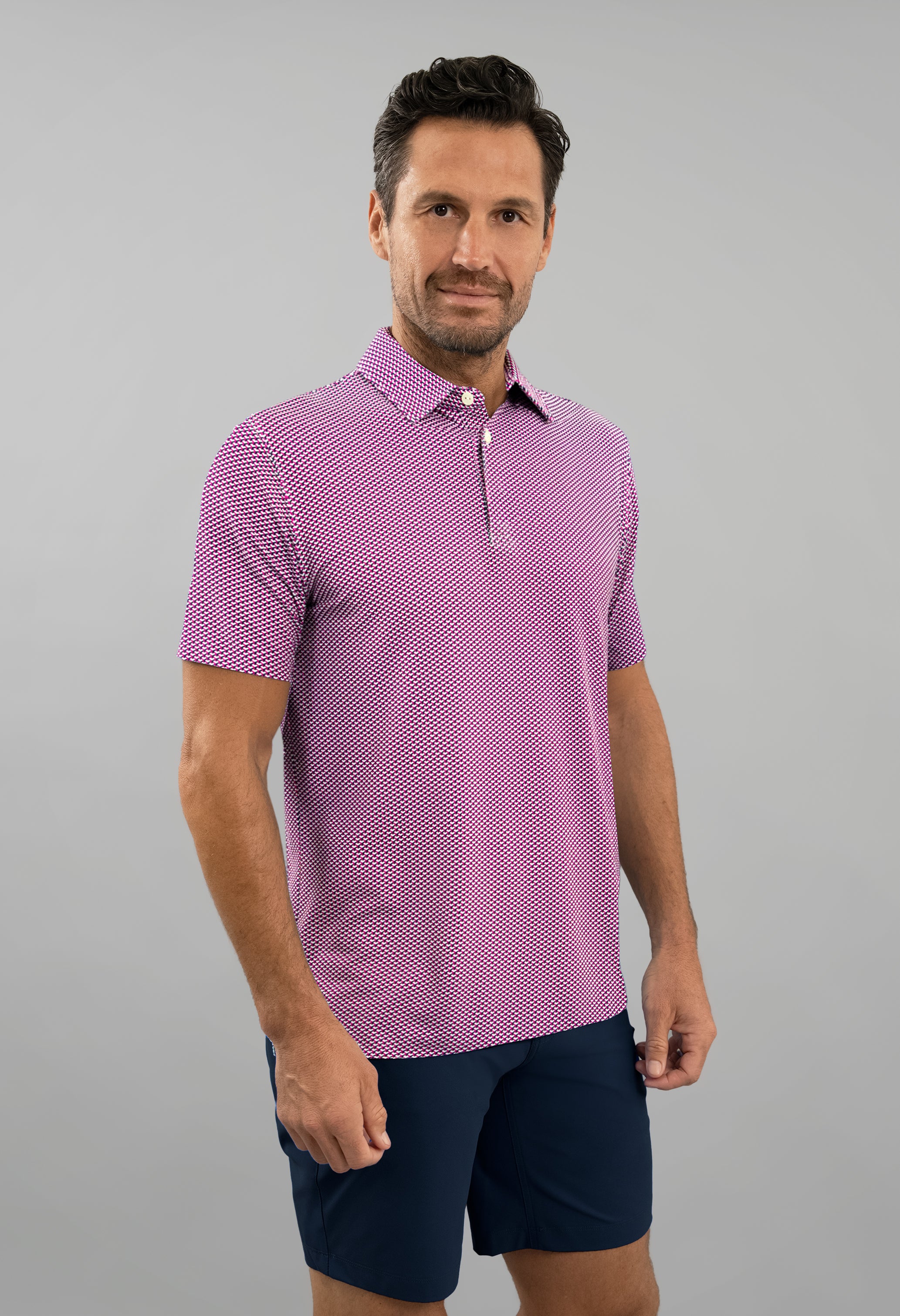IBKÜL - Cube Art Short Sleeve Polo - Color: White/Rose/C.Navy