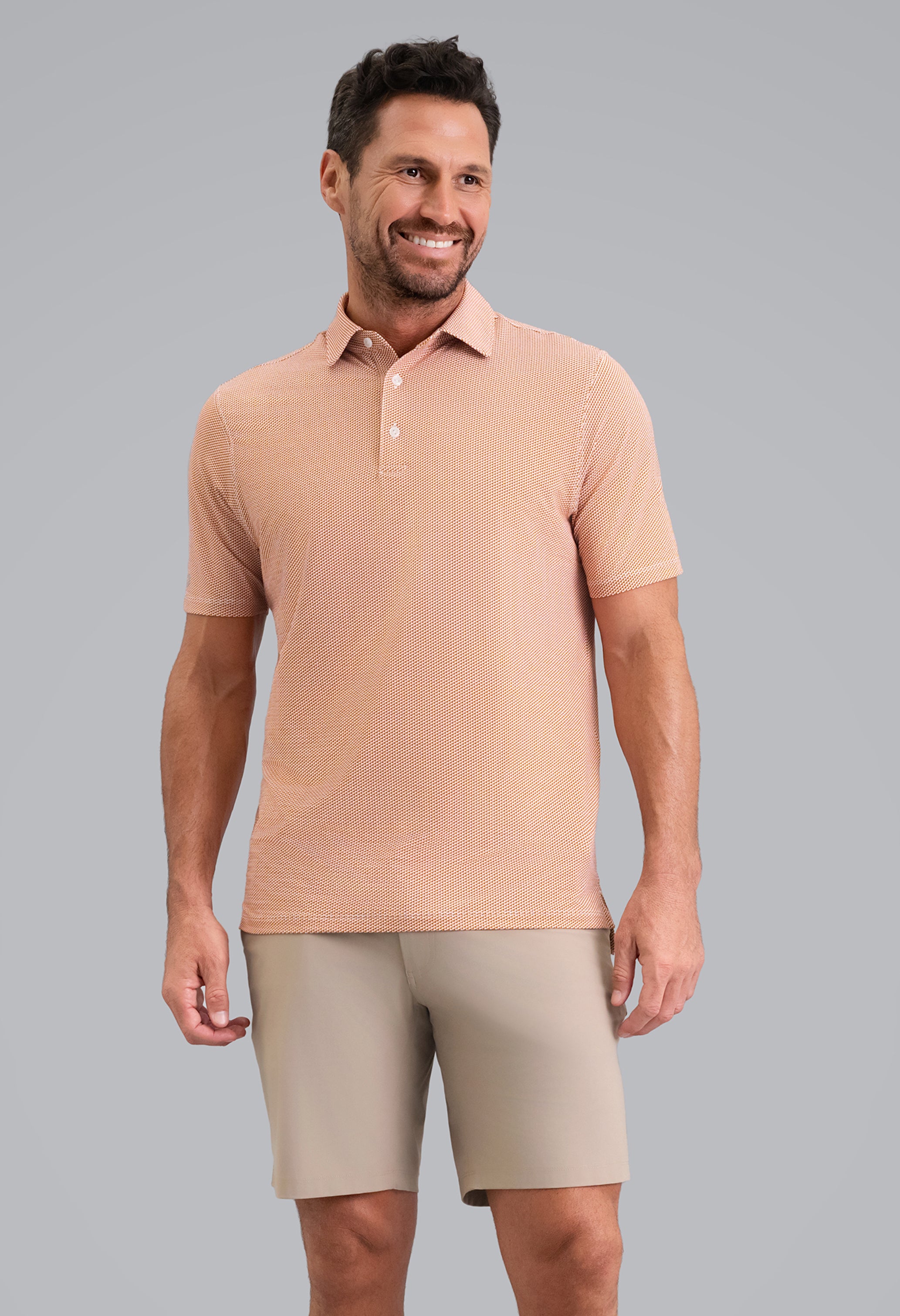 IBKÜL - Cube Art Short Sleeve Polo - Color: Chocolate/Peach/White