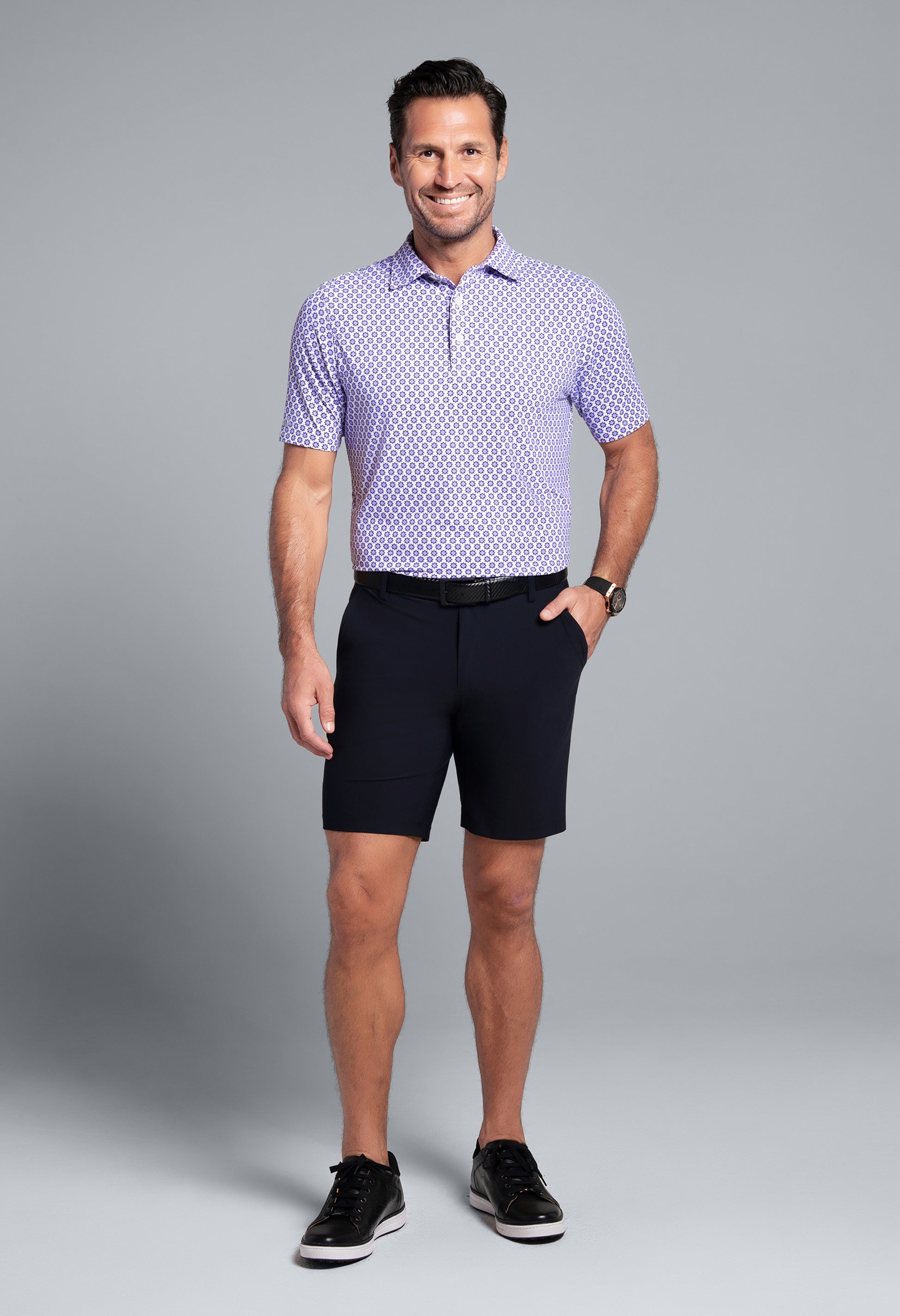 IBKÜL - Starburst Print Short Sleeve Polo (Modern Fit) - Color: Lavender/Black