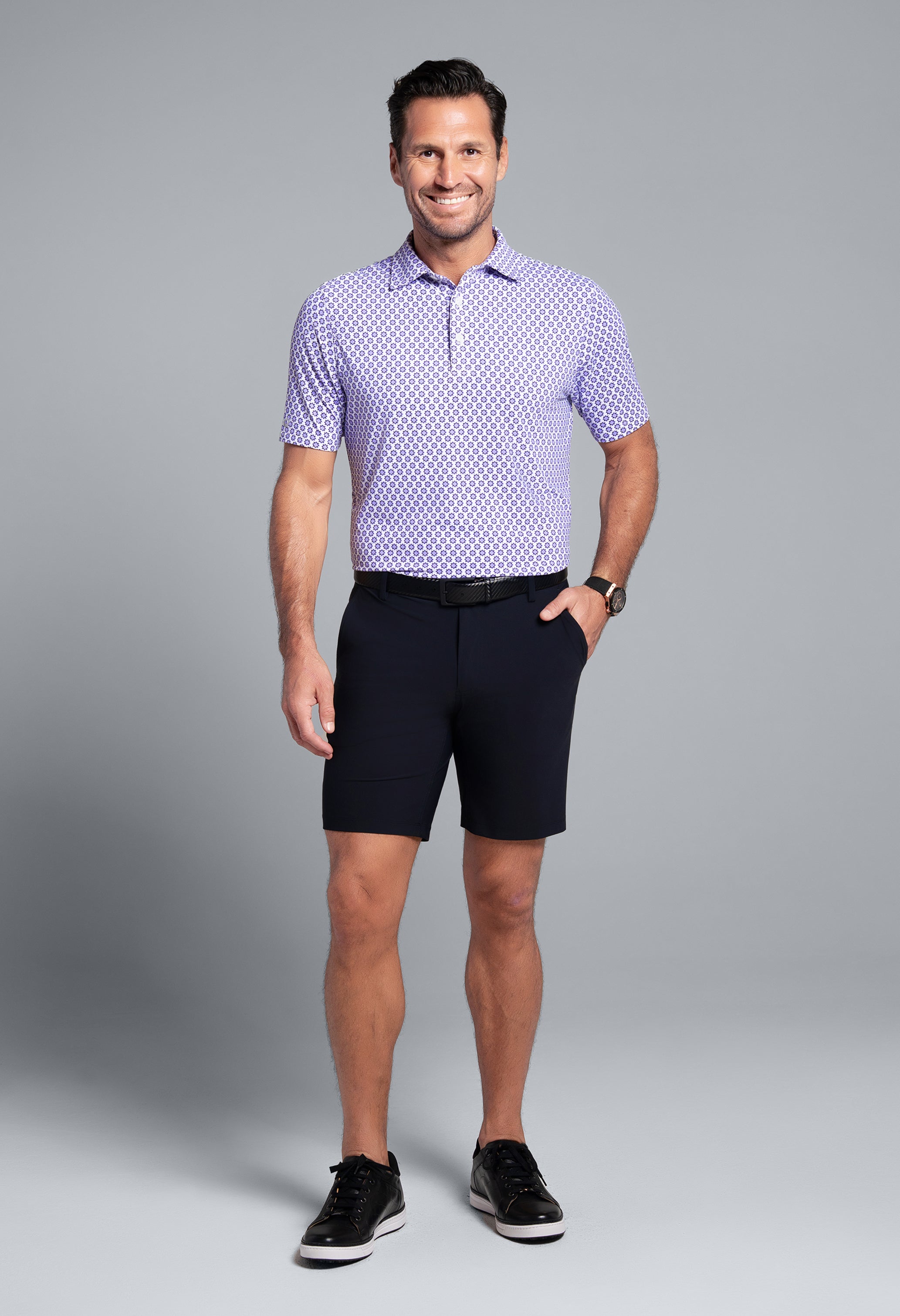 IBKÜL - Starburst Print Short Sleeve Polo (Modern Fit) - Color: Lavender/Black