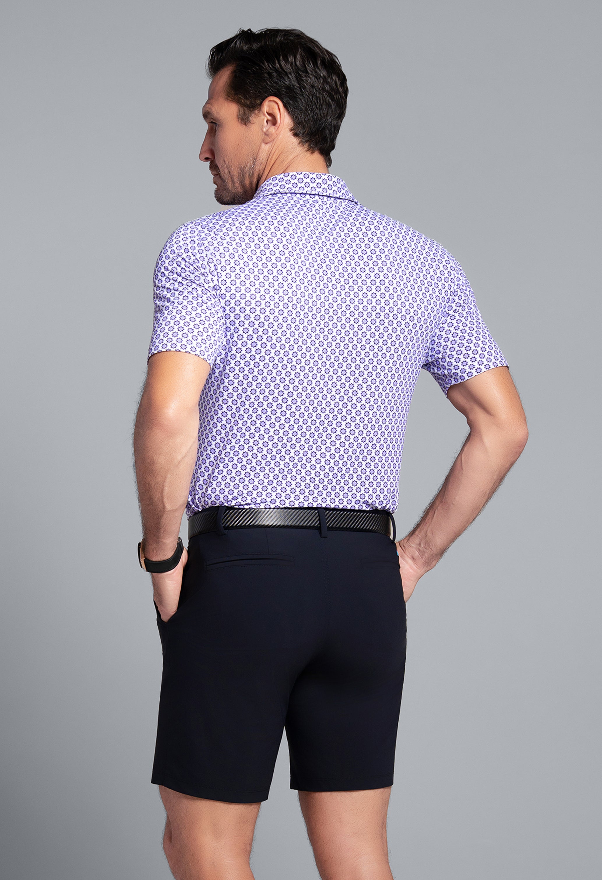 IBKÜL - Starburst Print Short Sleeve Polo (Modern Fit) - Color: Lavender/Black