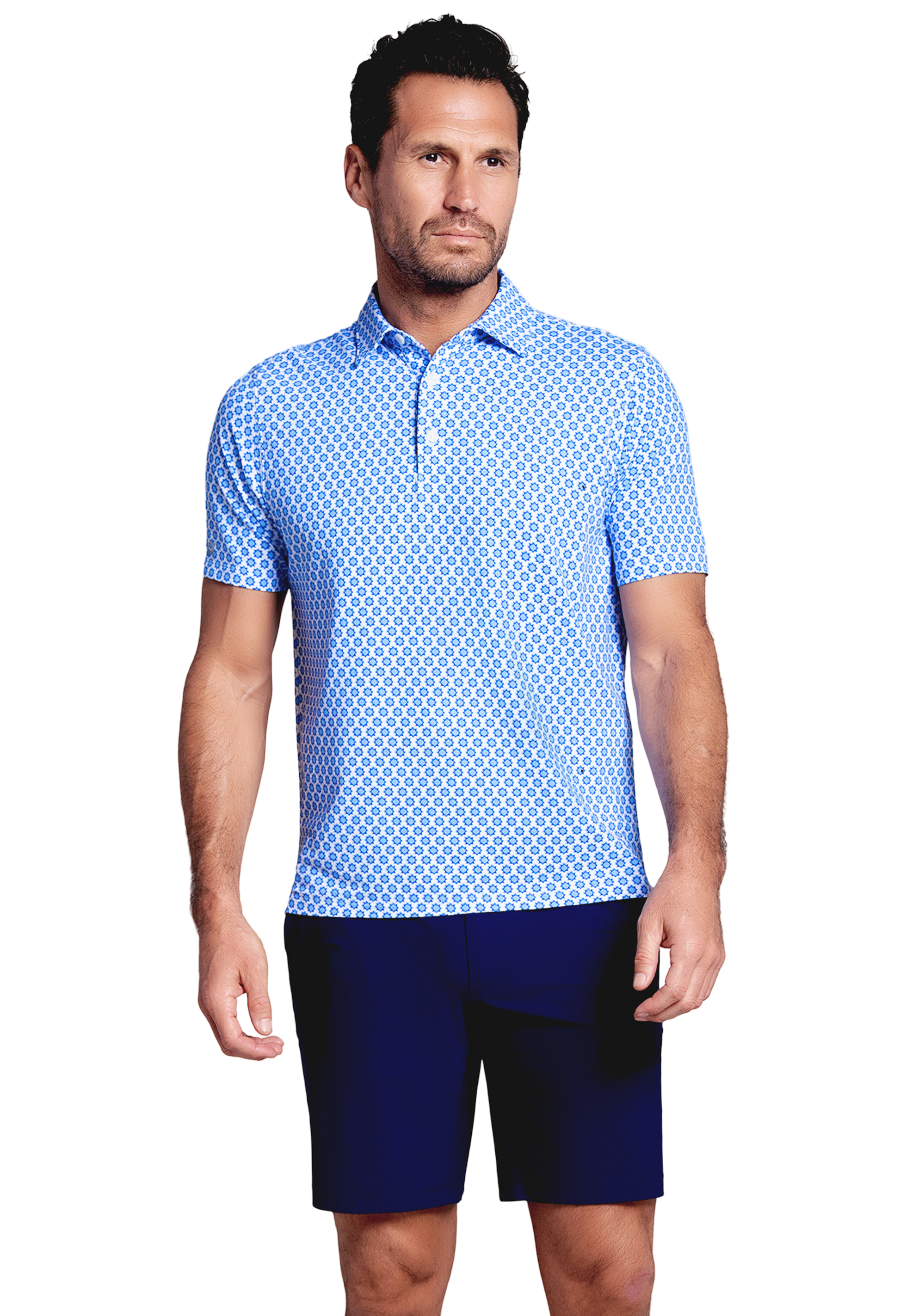IBKÜL - Starburst Print Short Sleeve Polo (Modern Fit) - Color: Peri/Ink
