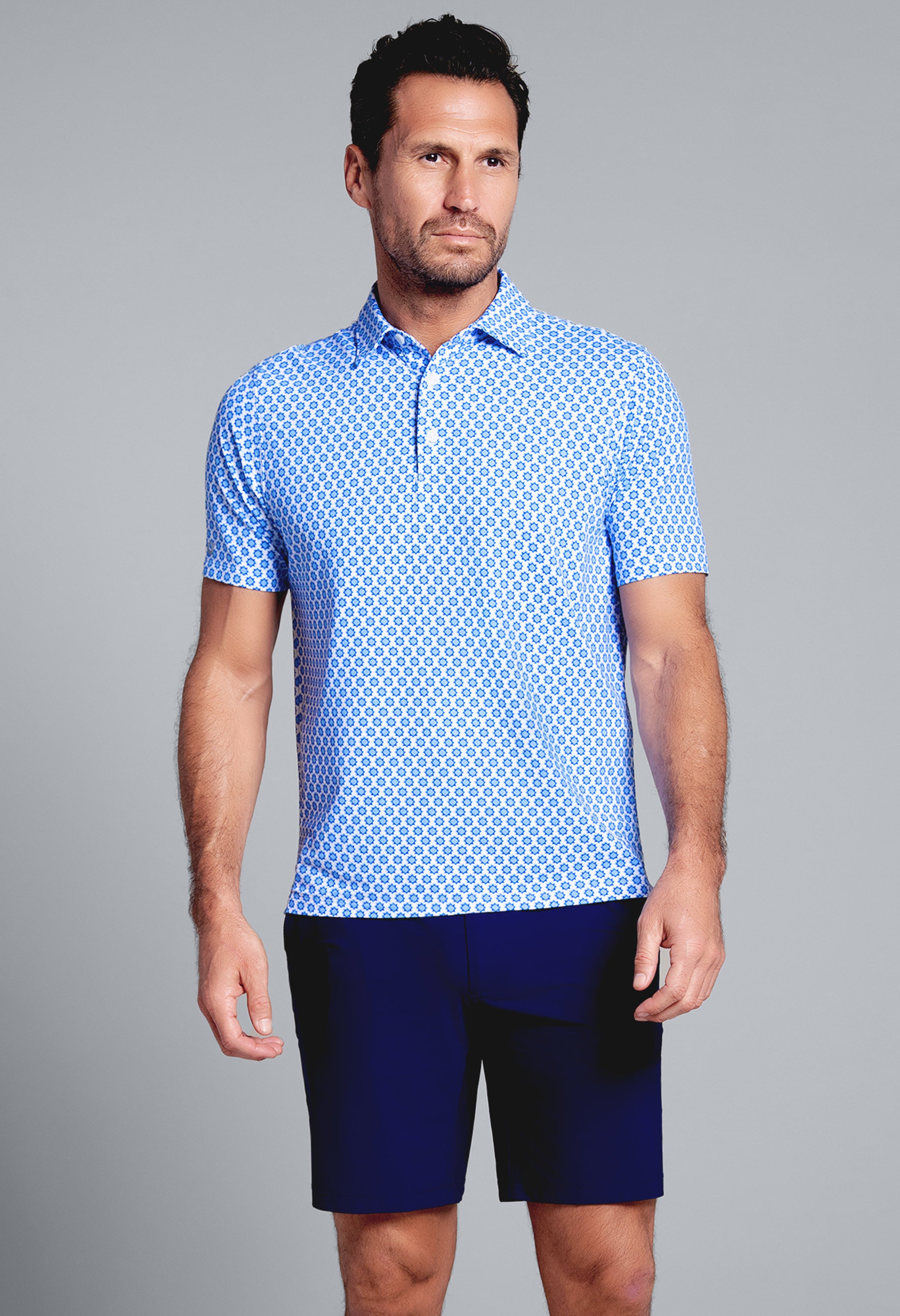 IBKÜL - Starburst Print Short Sleeve Polo (Modern Fit) - Color: Peri/Ink