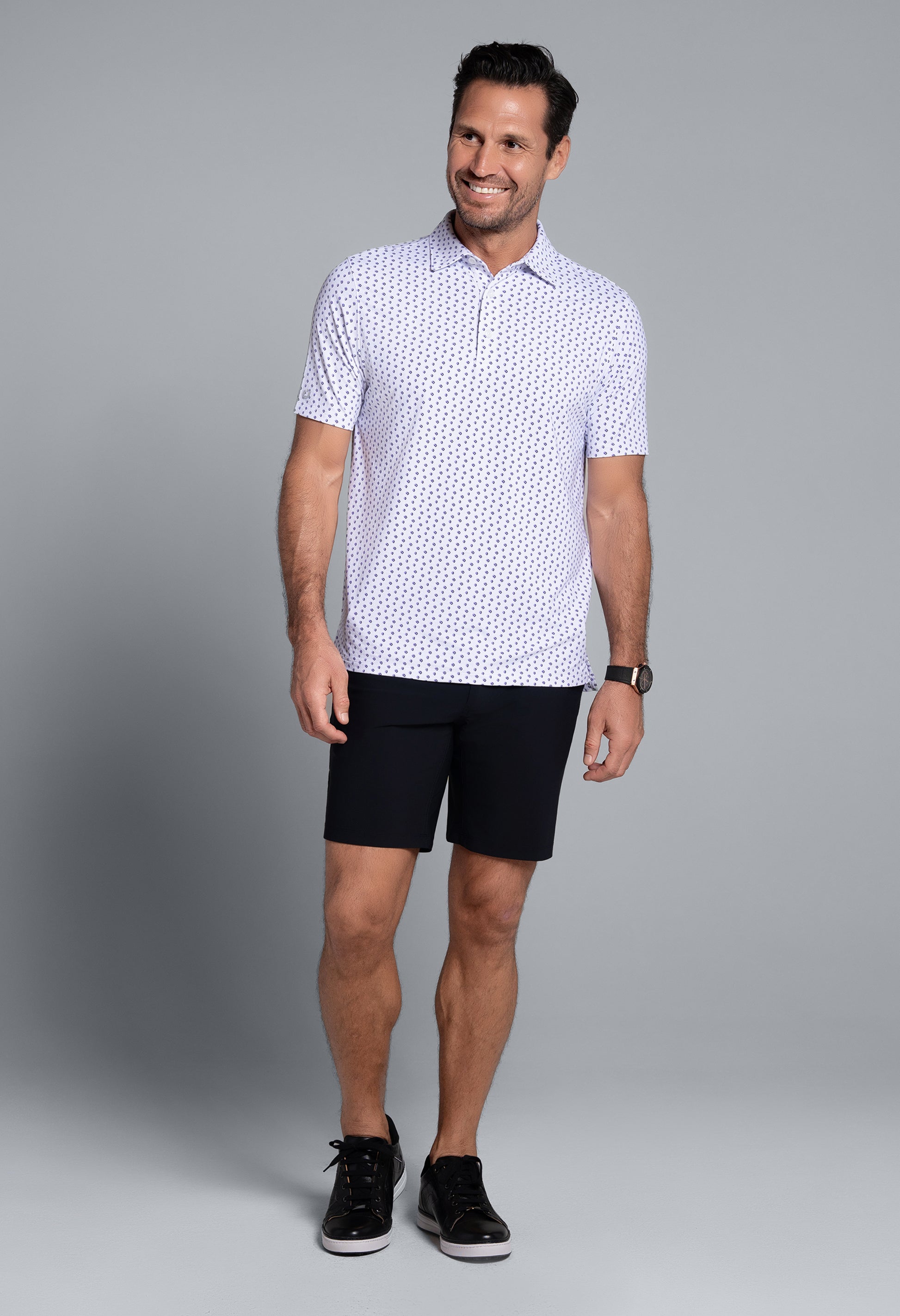 IBKÜL - Scattered Shadow Print Short Sleeve Polo (Modern Fit) - Color: Lavender/Black
