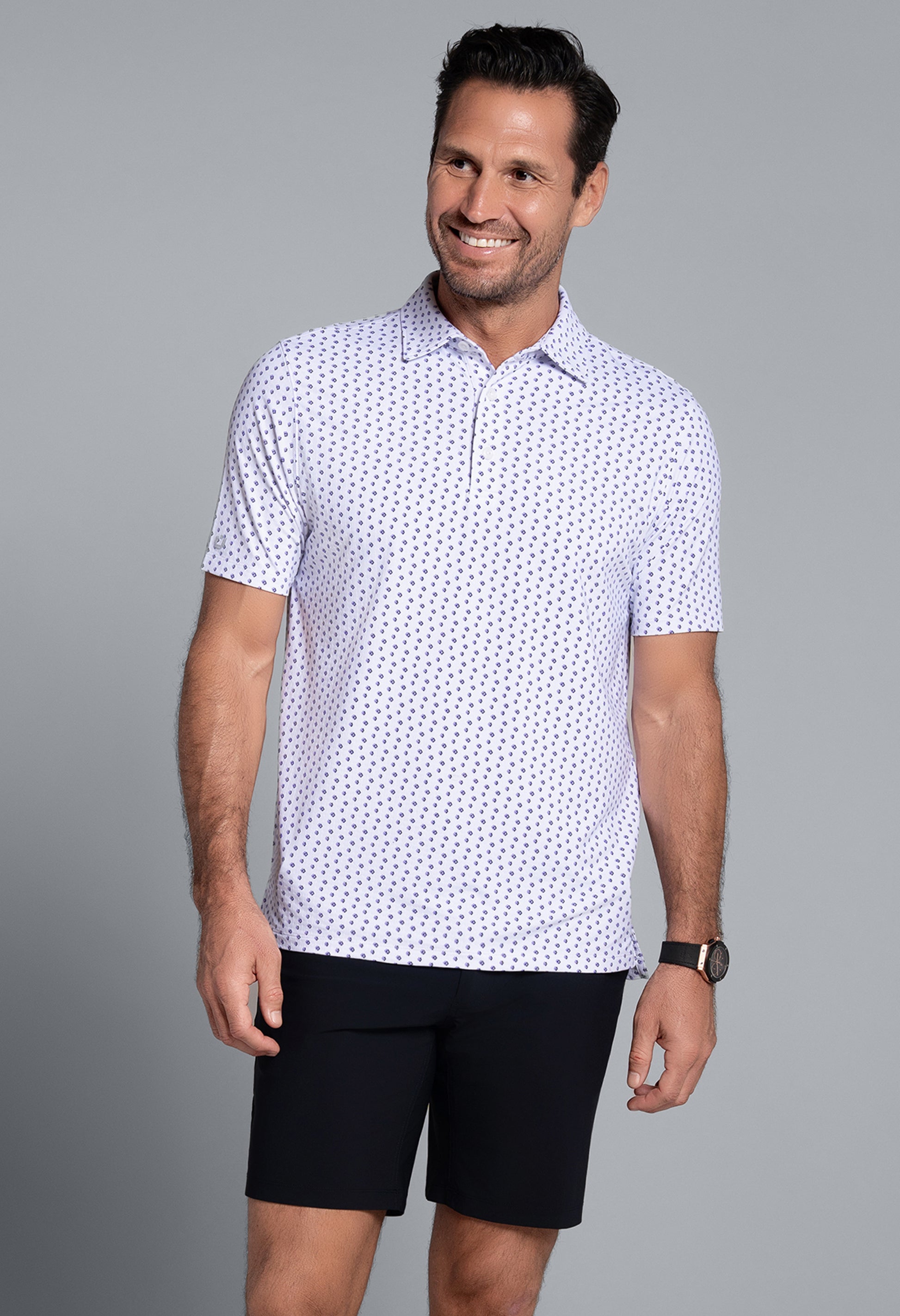 IBKÜL - Scattered Shadow Print Short Sleeve Polo (Modern Fit) - Color: Lavender/Black