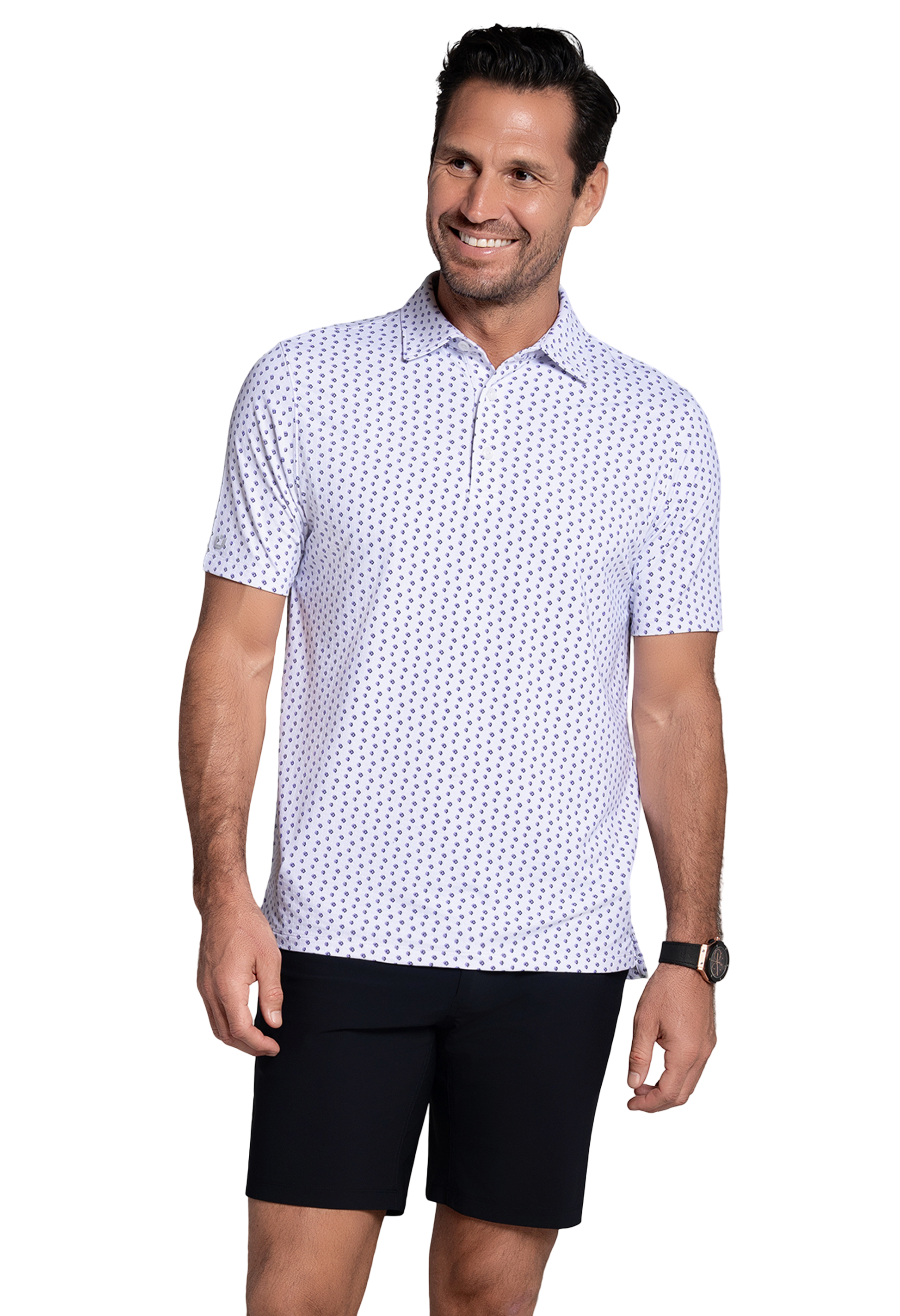 IBKÜL - Scattered Shadow Print Short Sleeve Polo (Modern Fit) - Color: Lavender/Black