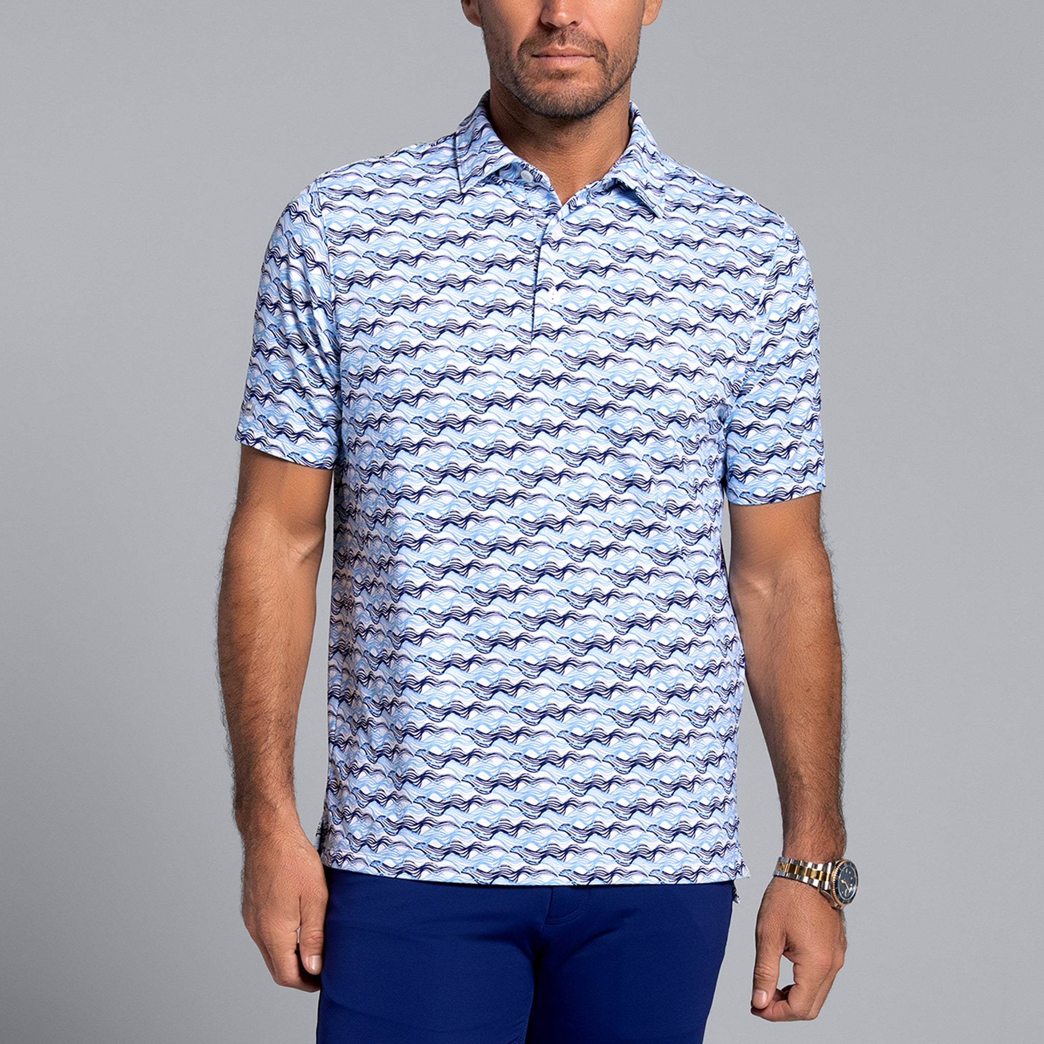 IBKÜL - Current Print Short Sleeve Polo (Modern Fit) - Color: White/Ink/Peri
