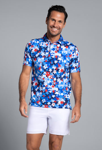 IBKÜL - Star Spangle Print Short Sleeve Polo (Modern Fit) - Color: Navy Multi