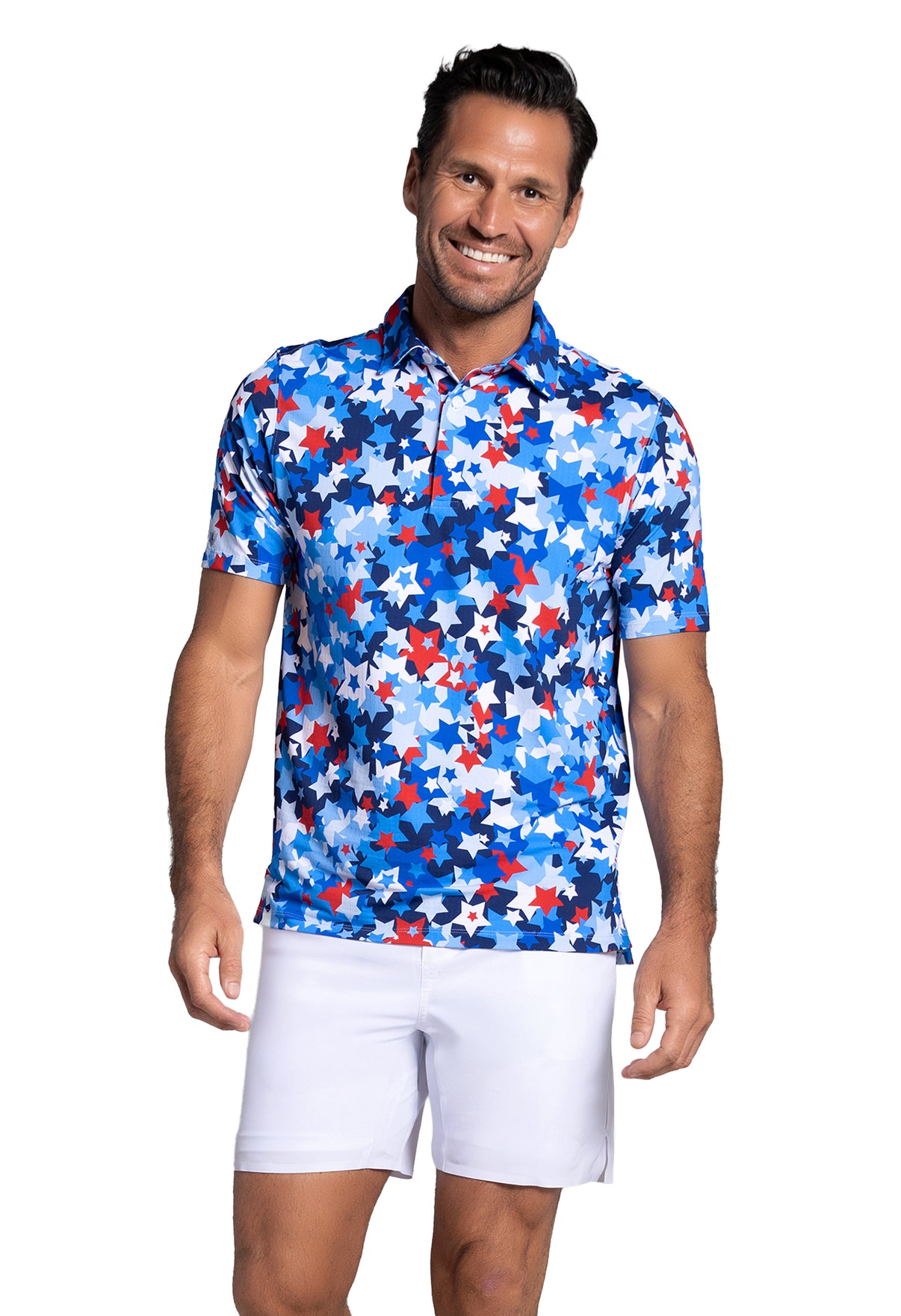 IBKÜL - Star Spangle Print Short Sleeve Polo (Modern Fit) - Color: Navy Multi
