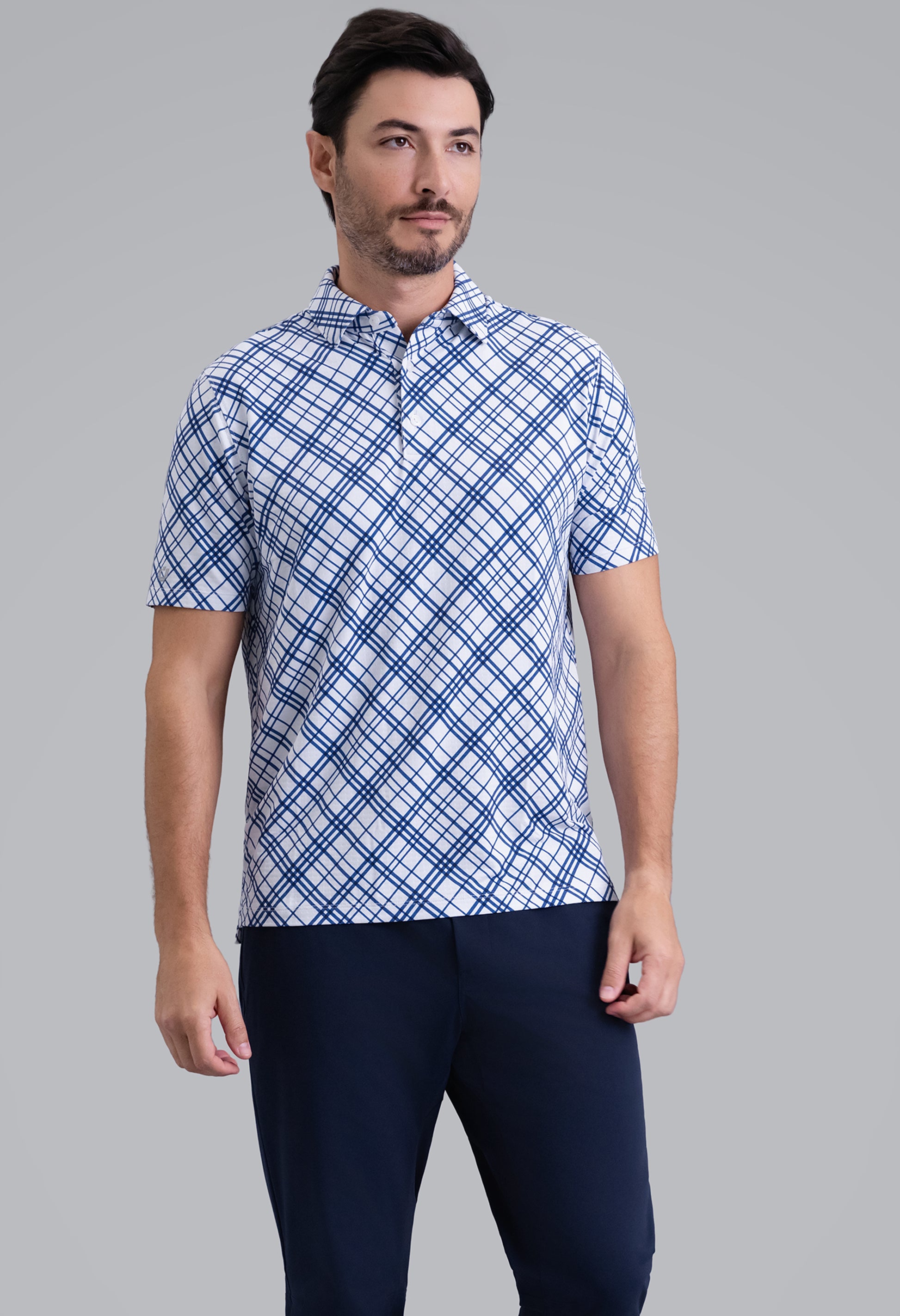 IBKÜL - Tony Print Short Sleeve Polo (Modern Fit) - Color: Navy/White