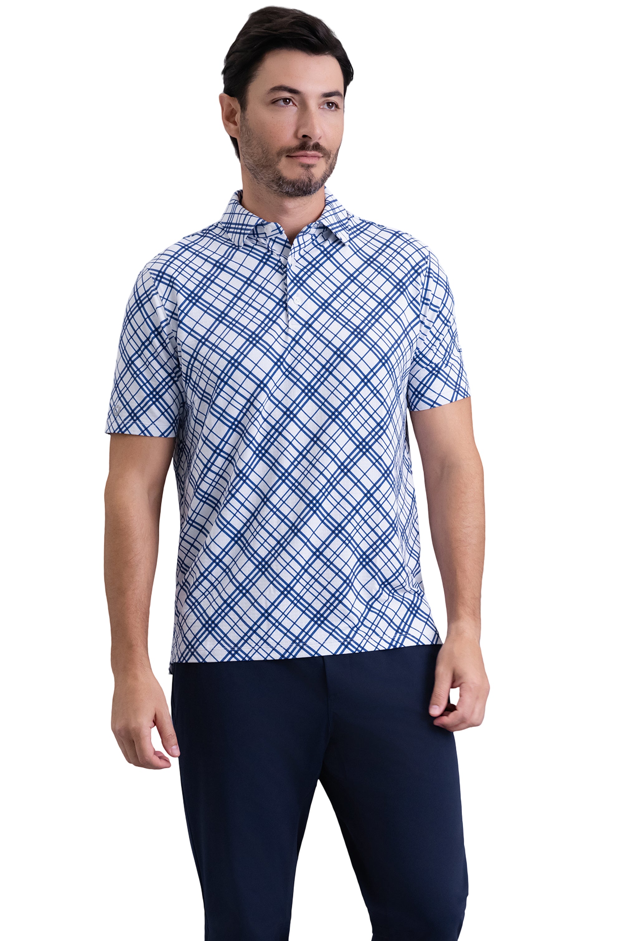 IBKÜL - Tony Print Short Sleeve Polo (Modern Fit) - Color: Navy/White