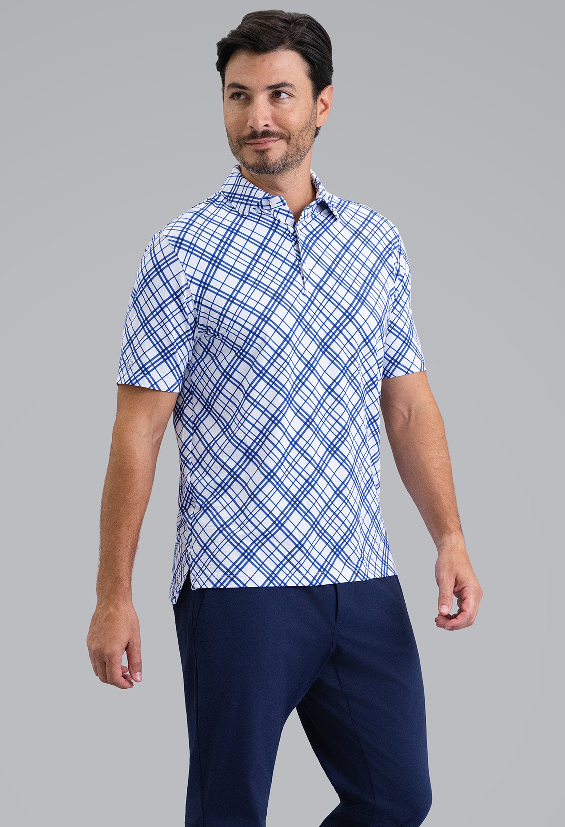 IBKÜL - Tony Print Short Sleeve Polo (Modern Fit) - Color: Blue/White