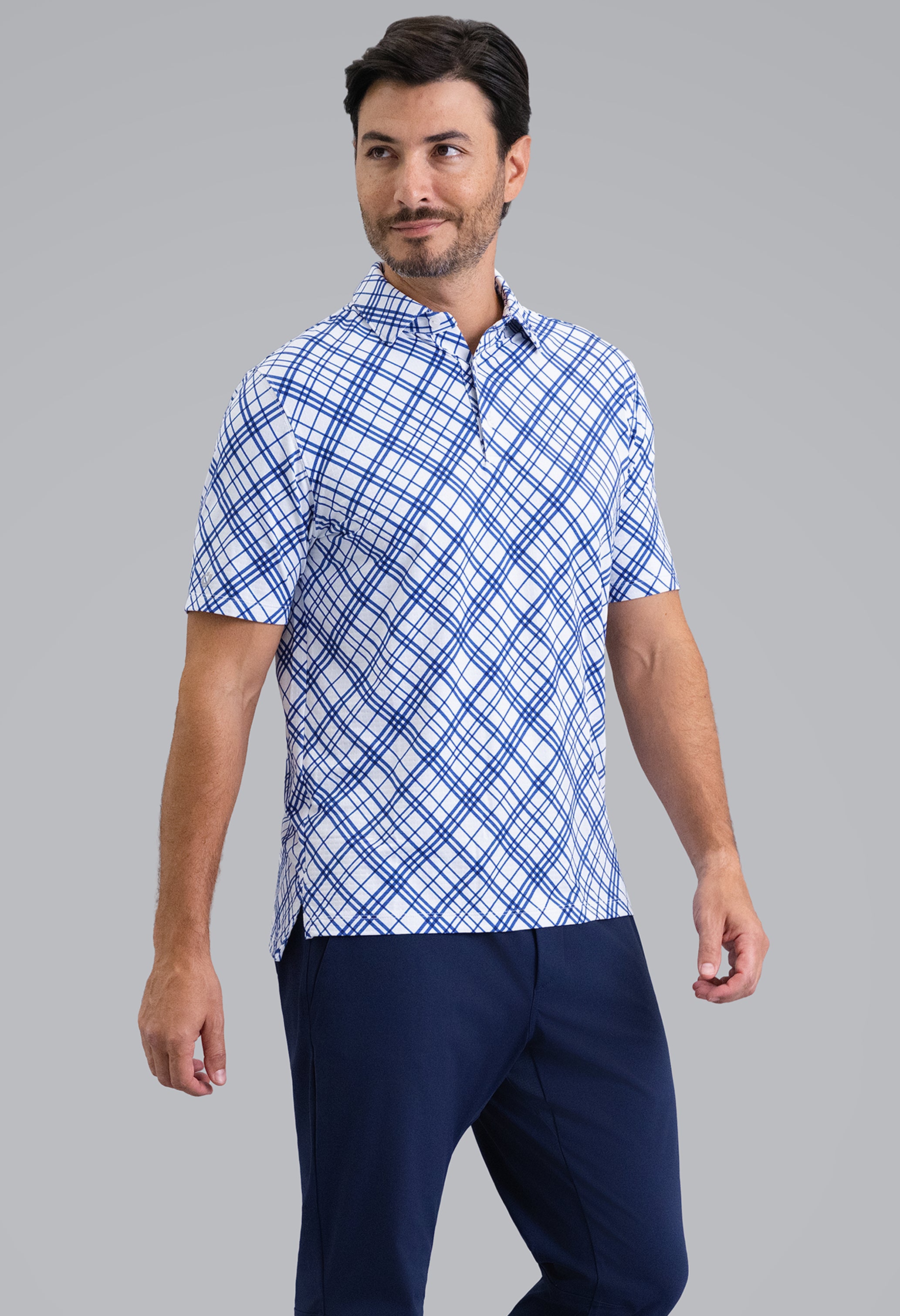 IBKÜL - Tony Print Short Sleeve Polo (Modern Fit) - Color: Blue/White