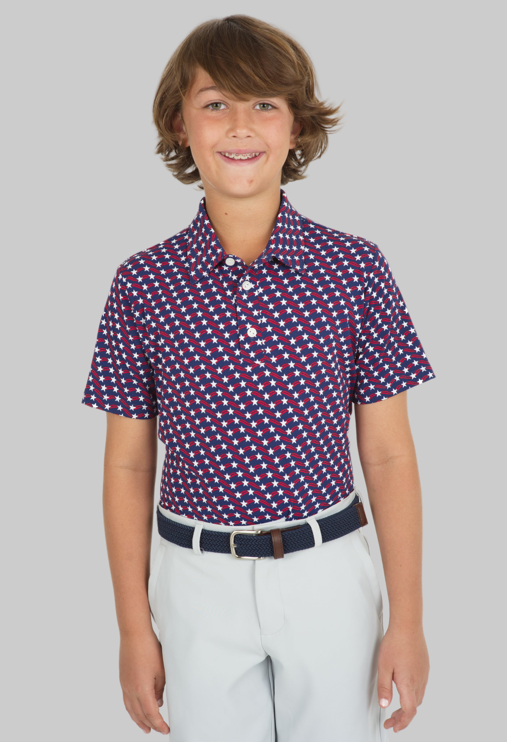 Youth Waving Stars & Stripes Print Short Sleeve Polo