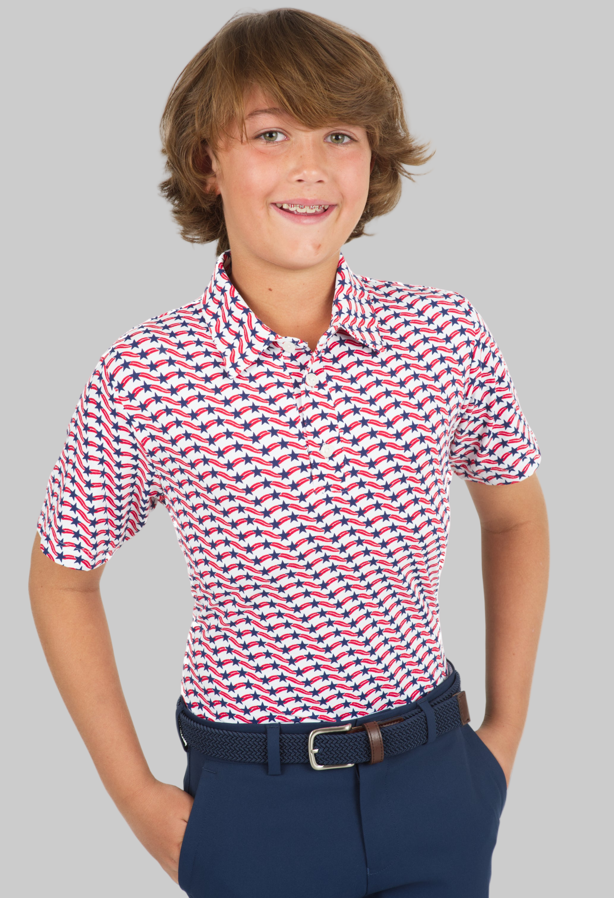 Youth Waving Stars & Stripes Print Short Sleeve Polo