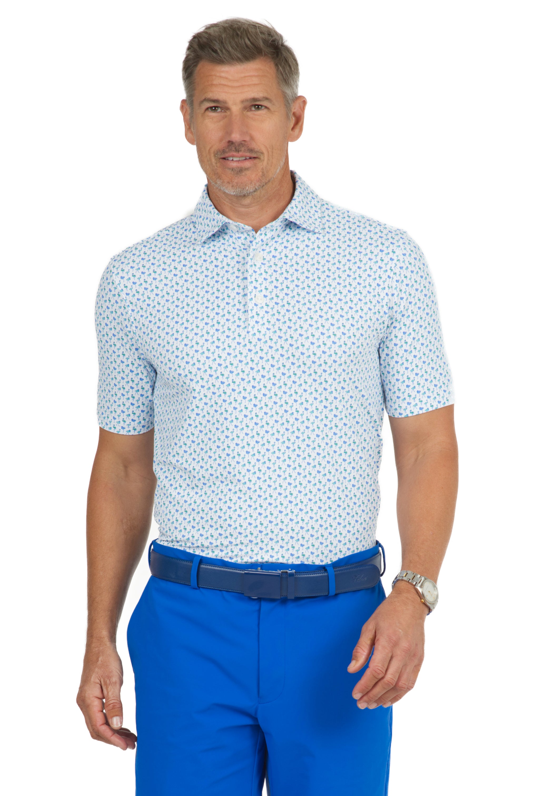 IBKÜL - Flamingo's Print Short Sleeve Polo - 94146 (Modern Fit) - Color: Jade/Green/Peri