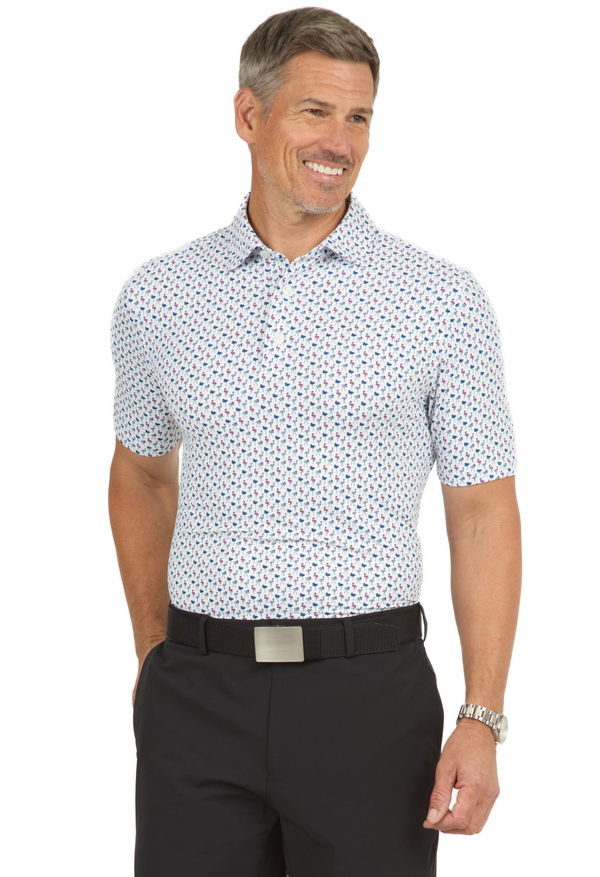 IBKÜL - Flamingo's Print Short Sleeve Polo - 94146 (Modern Fit) - Color: Peri/Hot Pink/Blue