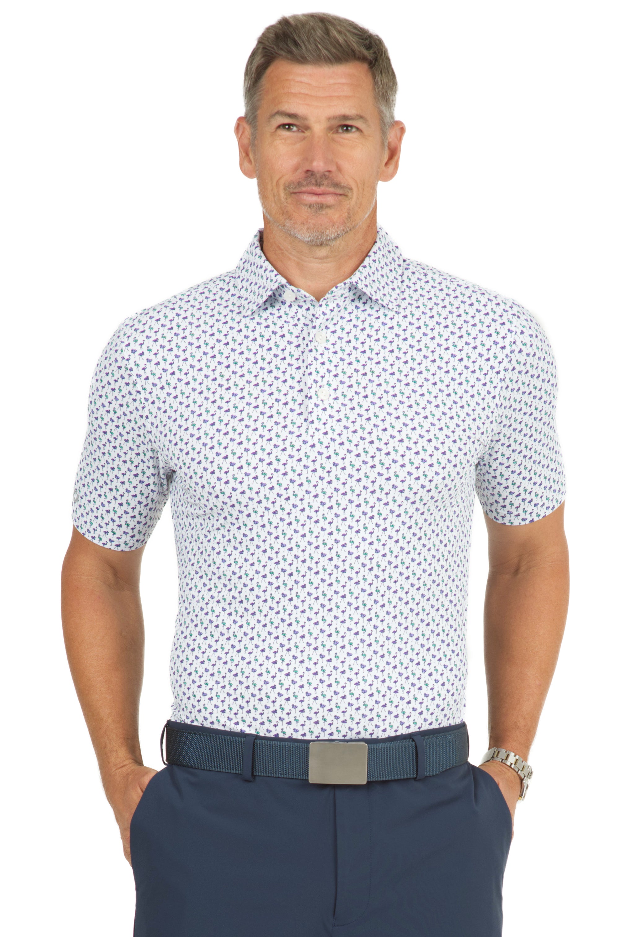 IBKÜL - Flamingo's Print Short Sleeve Polo - 94146 (Modern Fit) - Color: Plum/Green/Lavender