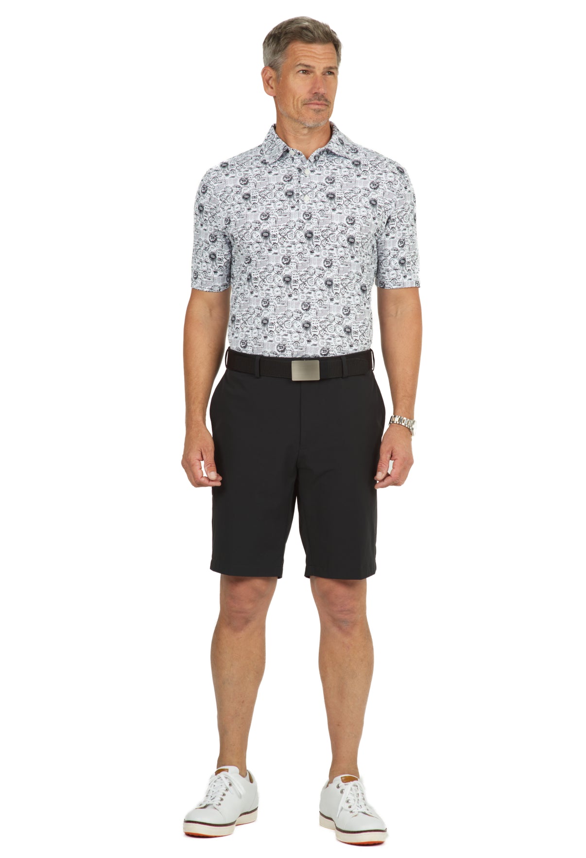 IBKÜL - Antique Stamp Print Short Sleeve Polo - 94147 (Modern Fit) - Color: Black/White