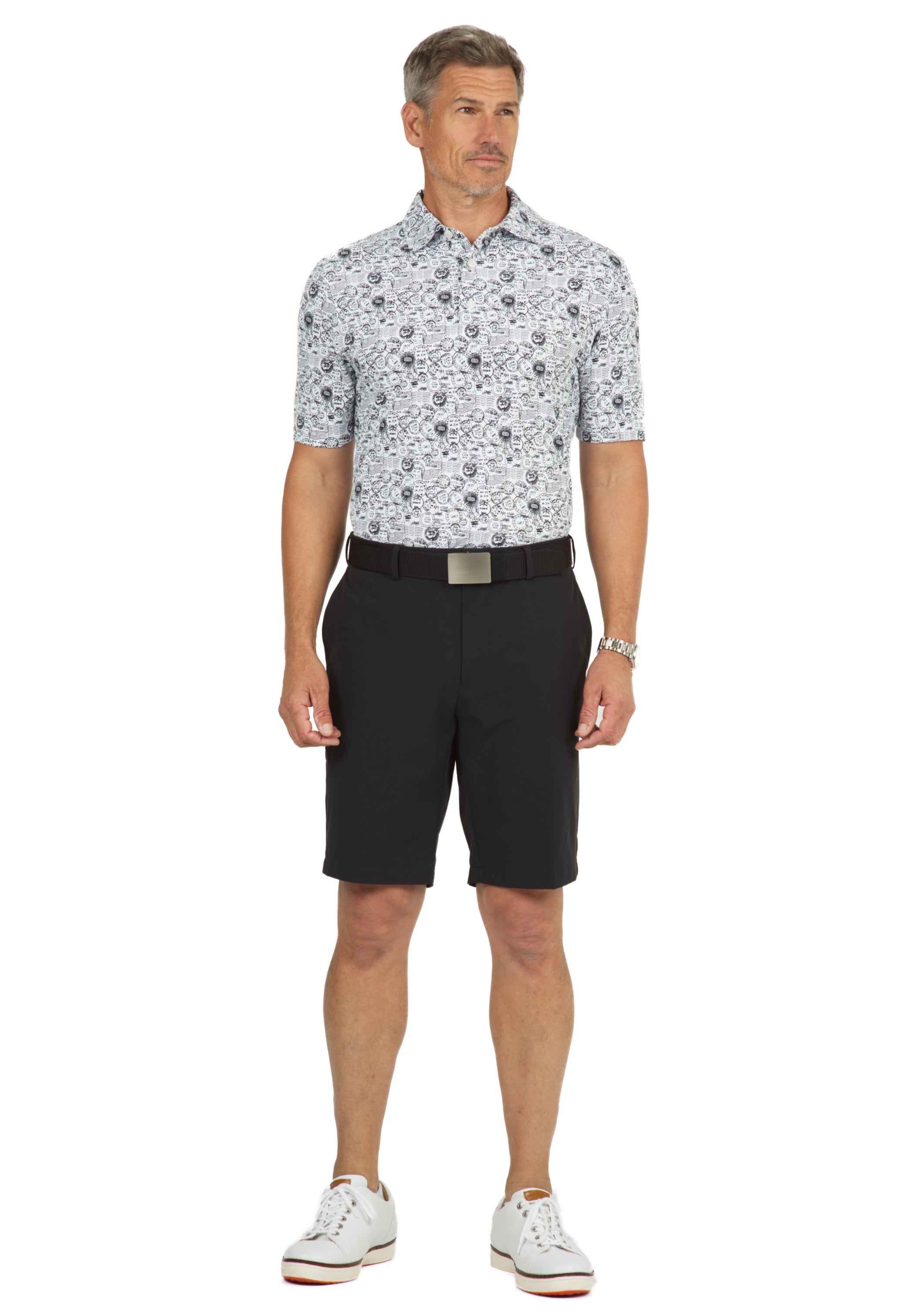 IBKÜL - Antique Stamp Print Short Sleeve Polo - 94147 (Modern Fit) - Color: Black/White