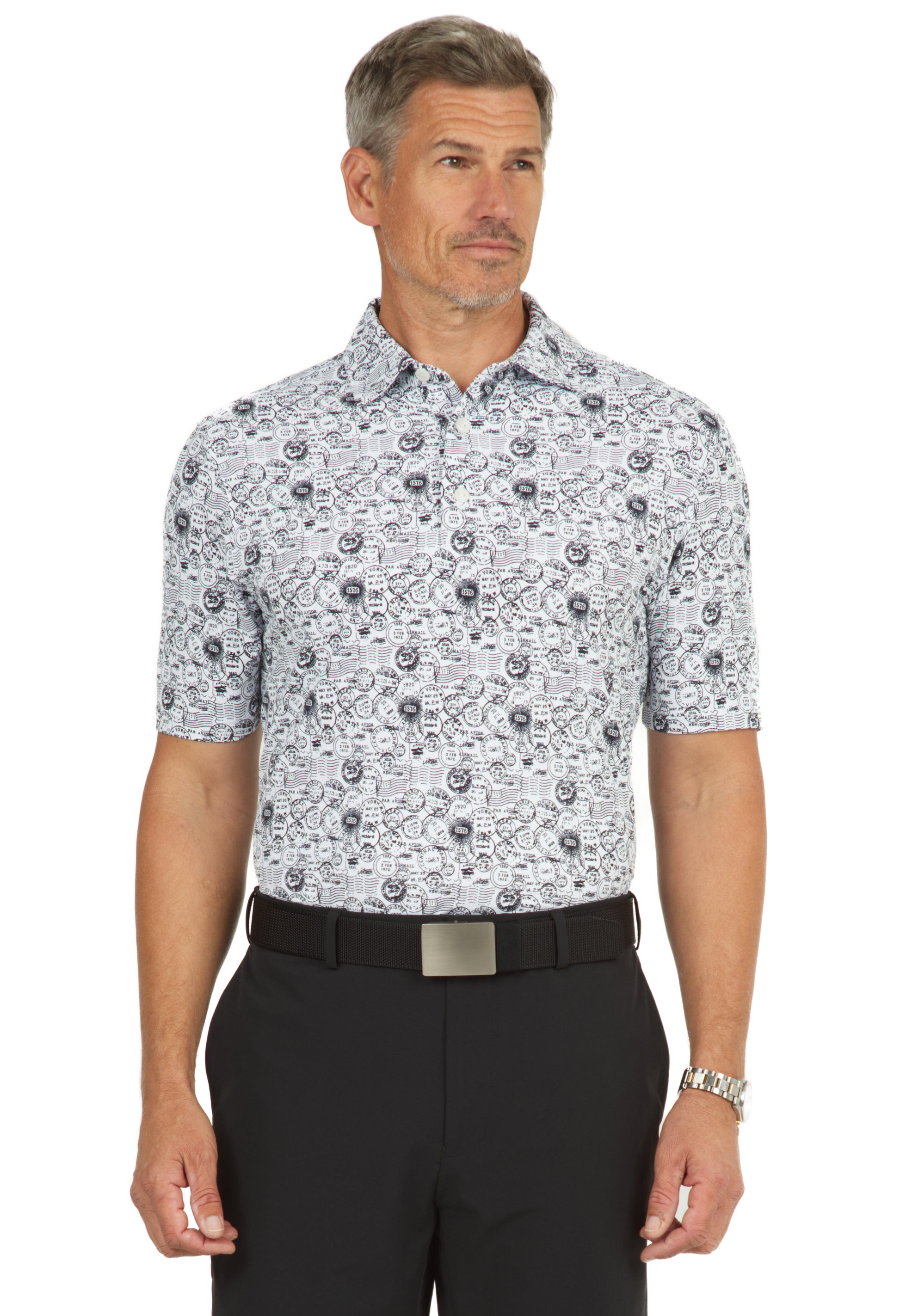 IBKÜL - Antique Stamp Print Short Sleeve Polo - 94147 (Modern Fit) - Color: Black/White