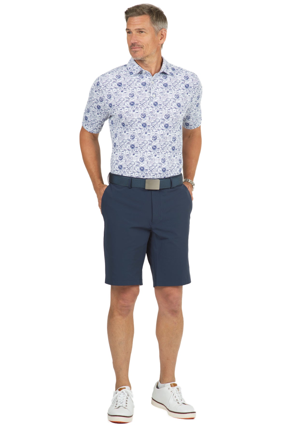 IBKÜL - Antique Stamp Print Short Sleeve Polo - 94147 (Modern Fit) - Color: Navy/White