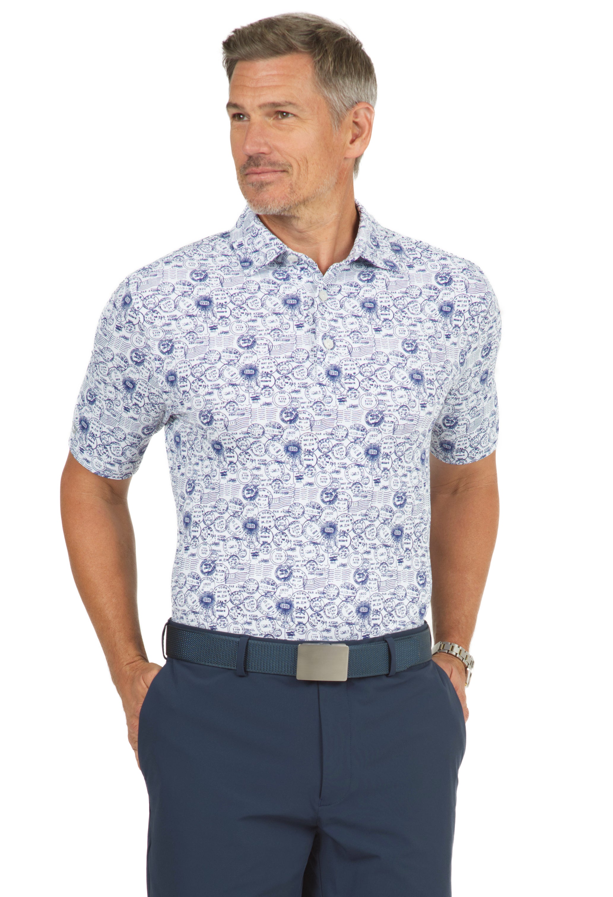 IBKÜL - Antique Stamp Print Short Sleeve Polo - 94147 (Modern Fit) - Color: Navy/White