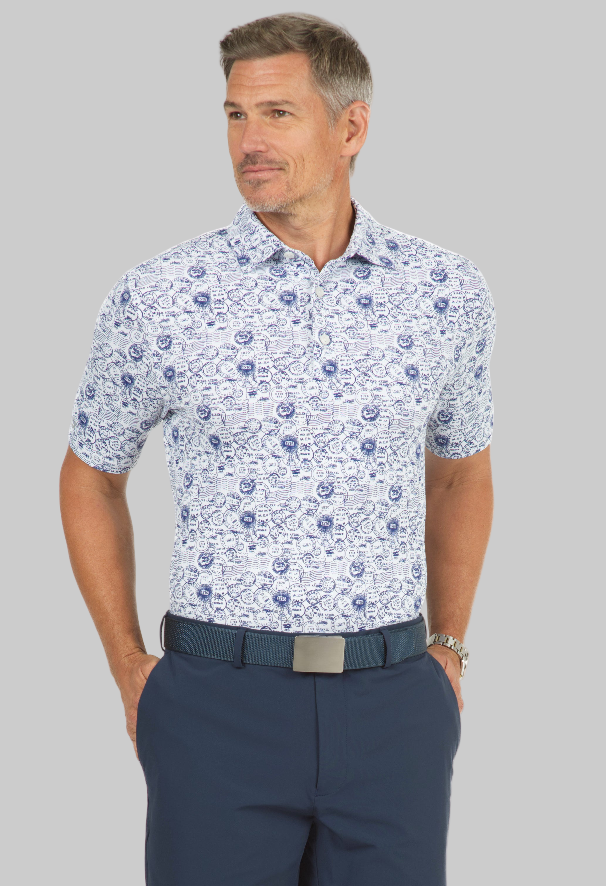 Antique Stamp Print Short Sleeve Polo - 94147 (Modern Fit)