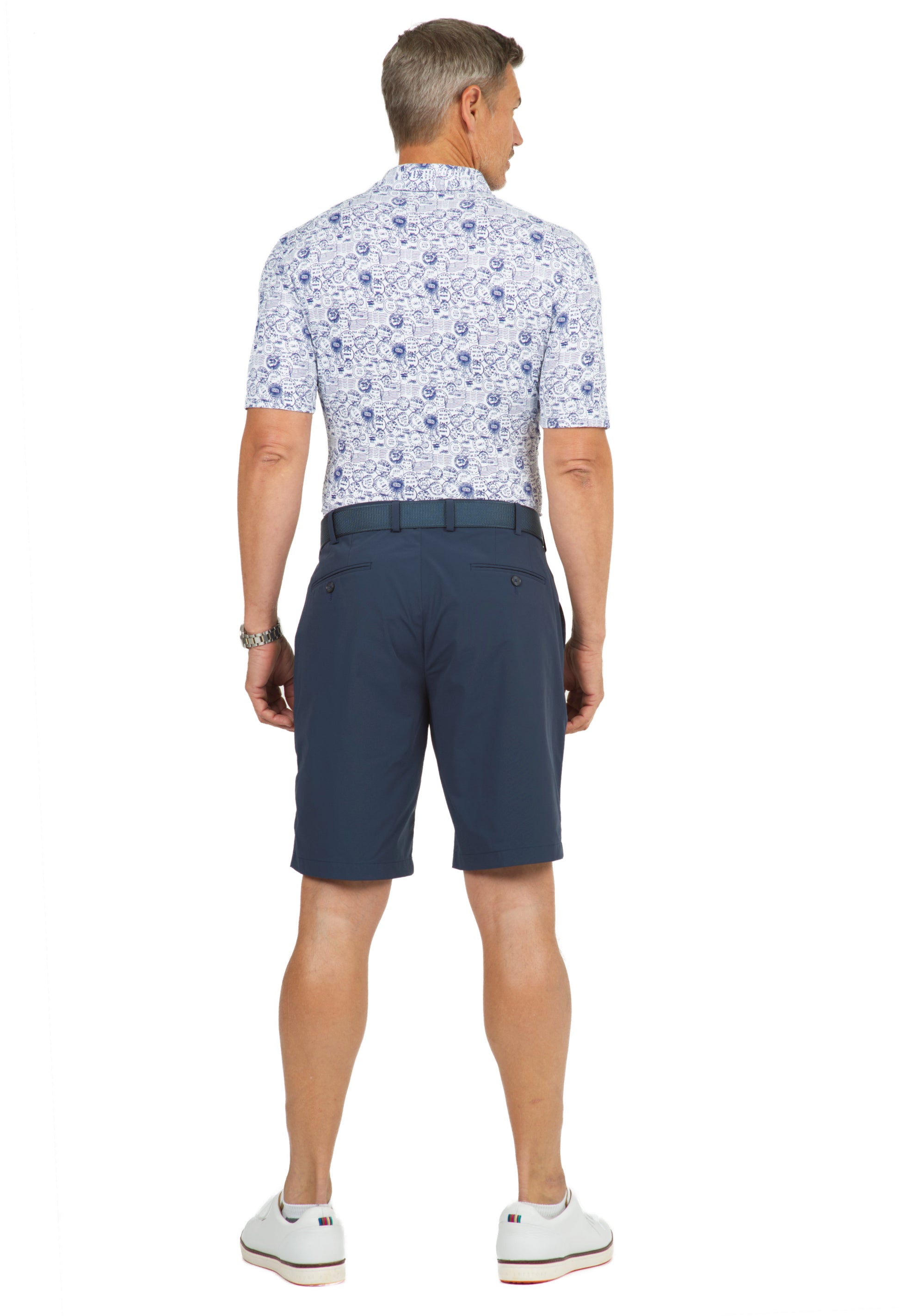 IBKÜL - Antique Stamp Print Short Sleeve Polo - 94147 (Modern Fit) - Color: Navy/White